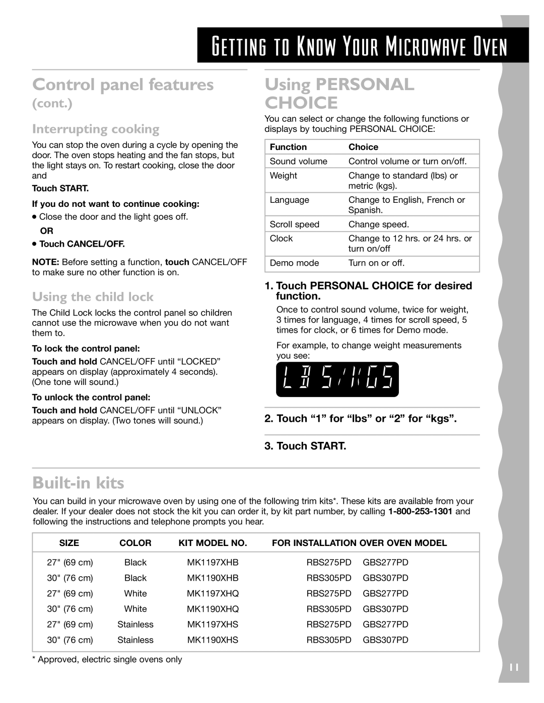 KitchenAid KCMS145JSS, KCMS185JBK Using Personal, Built-in kits, Cont Interrupting cooking, Using the child lock 