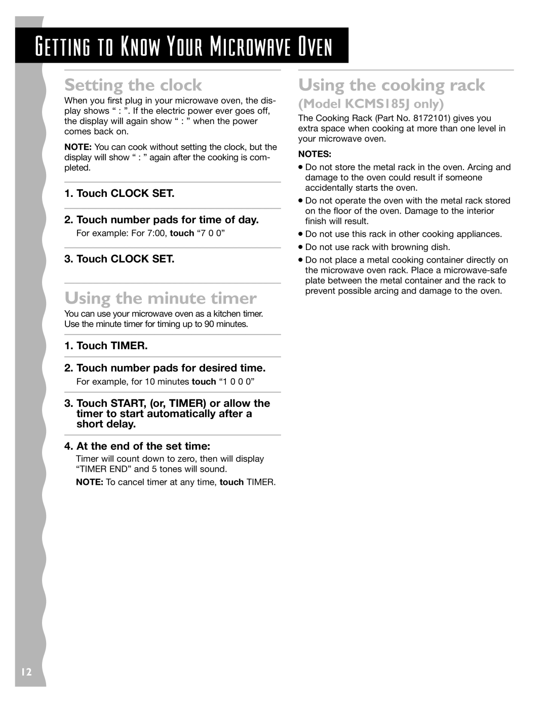 KitchenAid KCMS185JBK Setting the clock, Using the minute timer, Using the cooking rack, Model KCMS185J only 