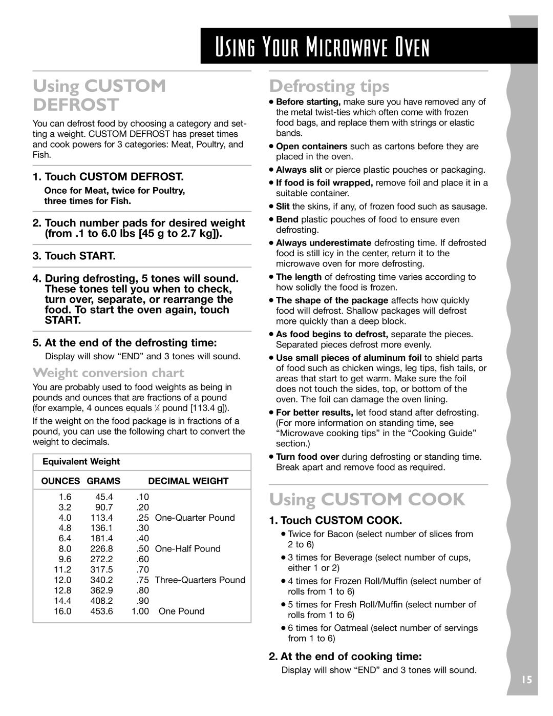 KitchenAid KCMS145JWH Defrosting tips, Using Custom Cook, Weight conversion chart, Ounces Grams Decimal Weight 