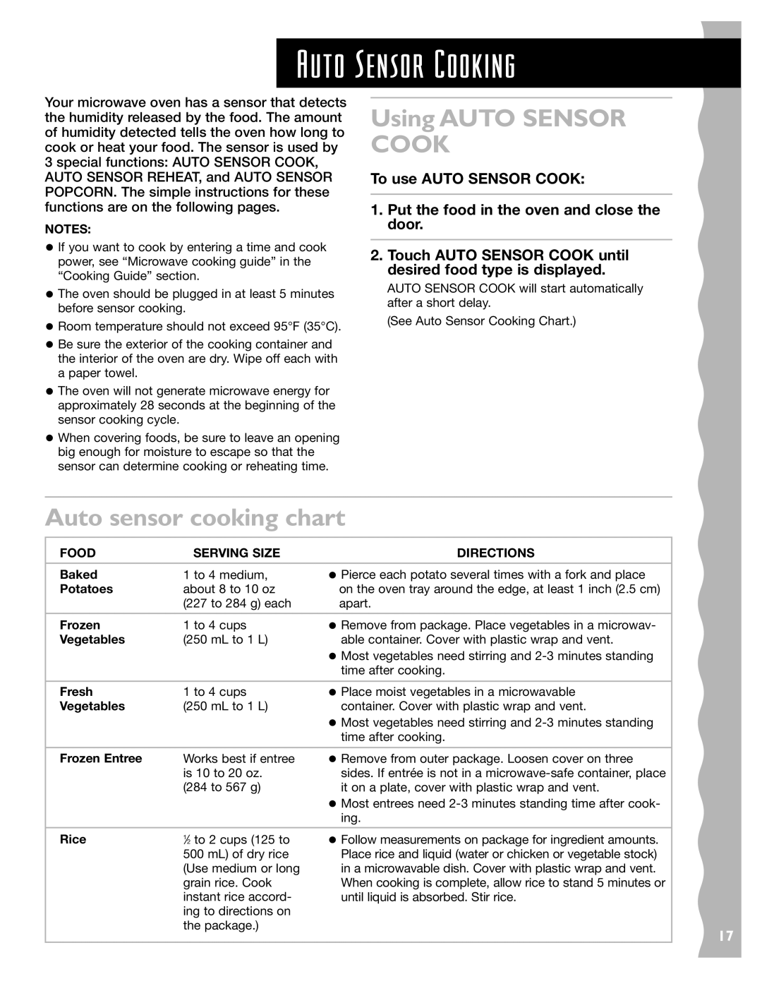 KitchenAid KCMS145JSS Auto Sensor Cooking, Using Auto Sensor Cook, Auto sensor cooking chart, Food Serving Size Directions 