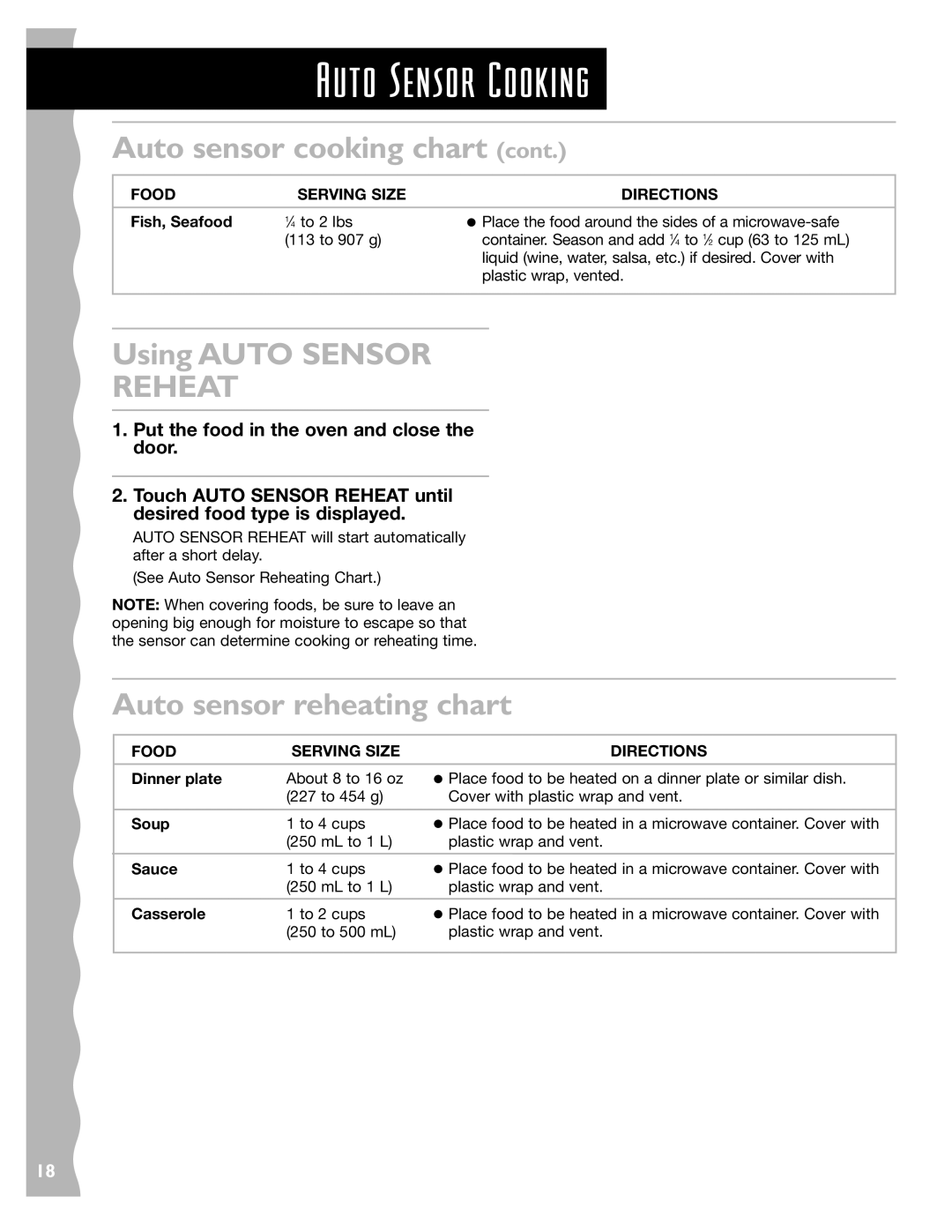 KitchenAid KCMS185JBK, KCMS145JBT, KCMS145JWH, KCMS185JWH, KCMS145JSS Using Auto Sensor, Auto sensor reheating chart 