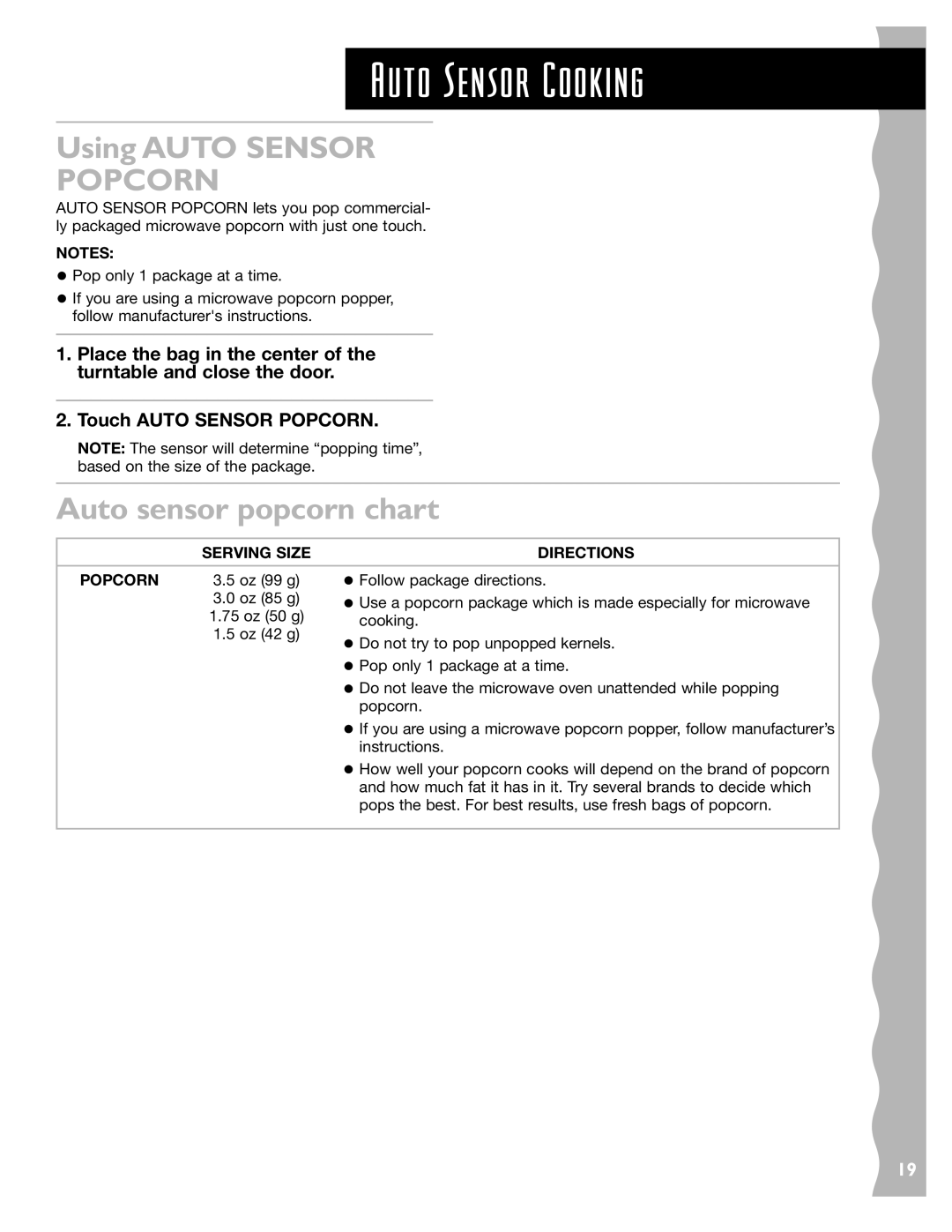 KitchenAid KCMS185JBK, KCMS145JBT, KCMS145JWH, KCMS185JWH Auto sensor popcorn chart, Serving Size Directions Popcorn 