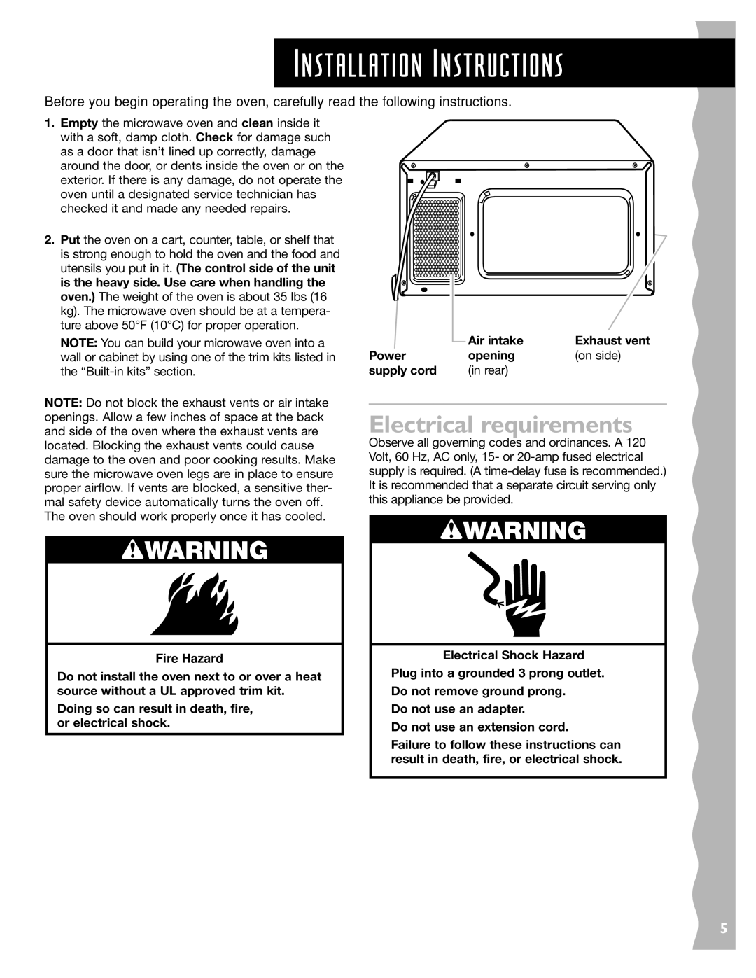 KitchenAid KCMS145JSS, KCMS185JBK, KCMS145JBT, KCMS145JWH, KCMS185JWH Installation Instructions, Electrical requirements 