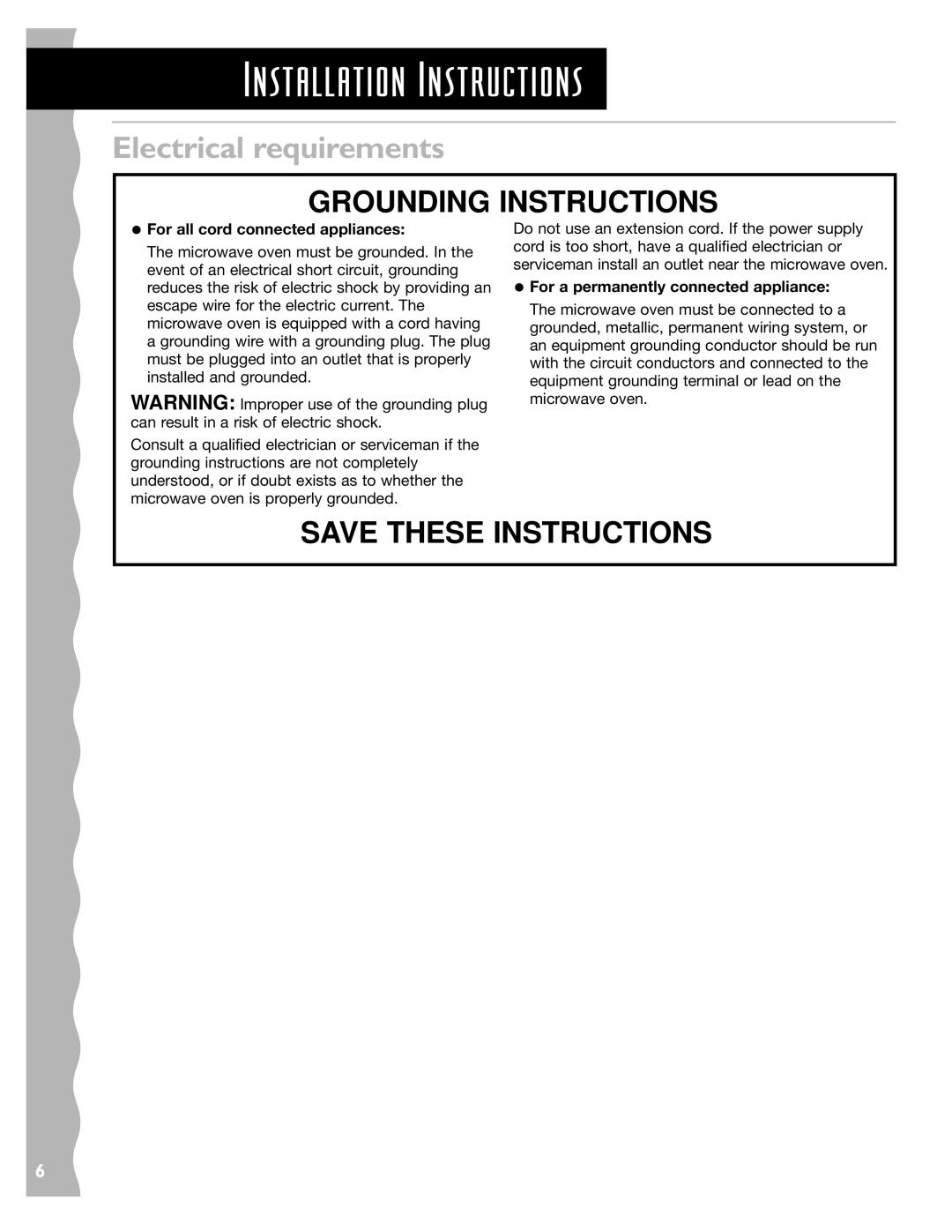 KitchenAid KCMS185JBK, KCMS145JBT, KCMS145JWH, KCMS185JWH Grounding Instructions, For all cord connected appliances 