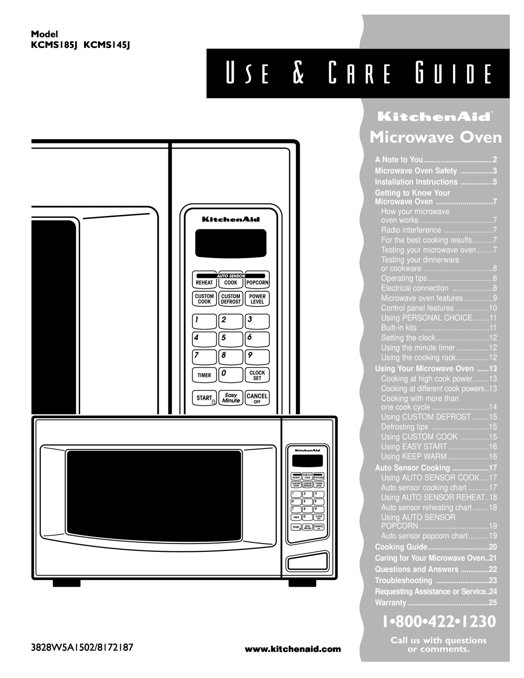KitchenAid KCMS185JBK, KCMS145JBT installation instructions U s e & C a r e G u i d e, Microwave Oven, 3828W5A1502/8172187 