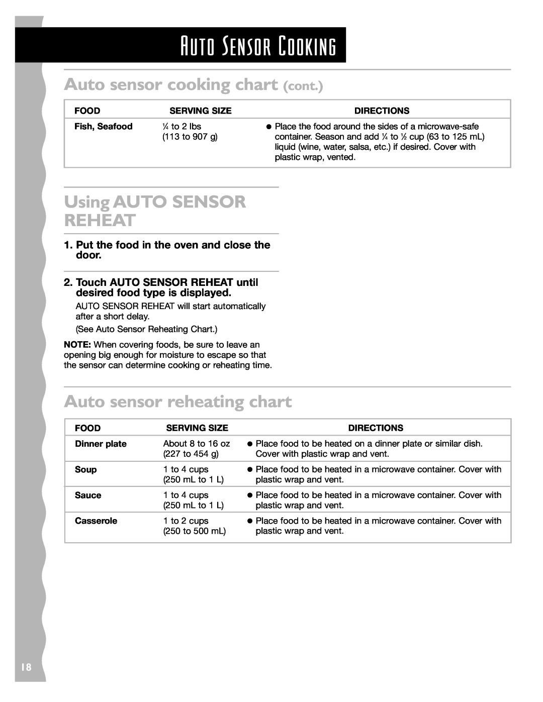 KitchenAid KCMS185JBK, KCMS145JBT Auto sensor cooking chart cont, Using AUTO SENSOR REHEAT, Auto sensor reheating chart 