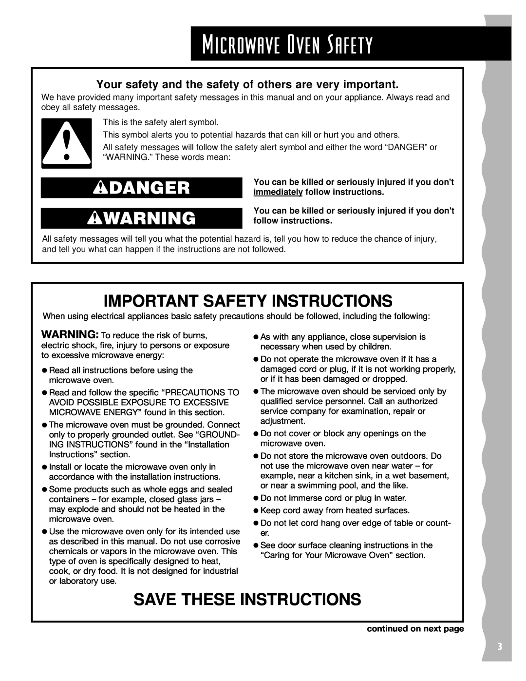 KitchenAid KCMS145JWH Microwave Oven Safety, wDANGER wWARNING, Important Safety Instructions, Save These Instructions 