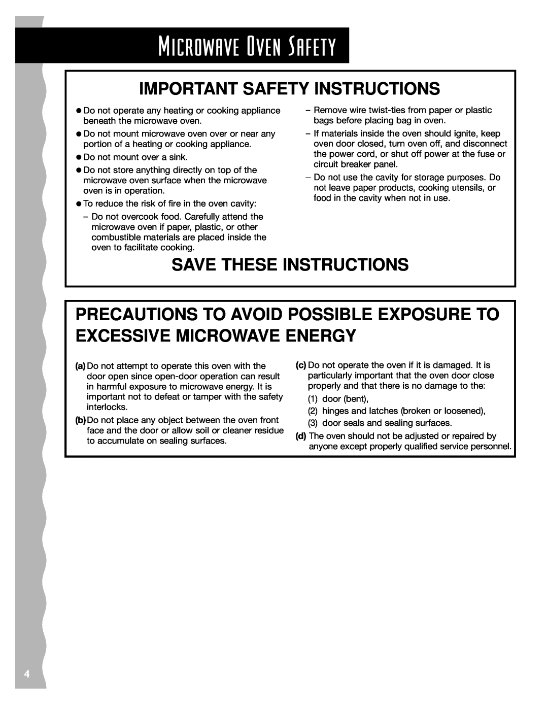 KitchenAid KCMS185JWH, KCMS185JBK, KCMS145JBT Microwave Oven Safety, Important Safety Instructions, Save These Instructions 