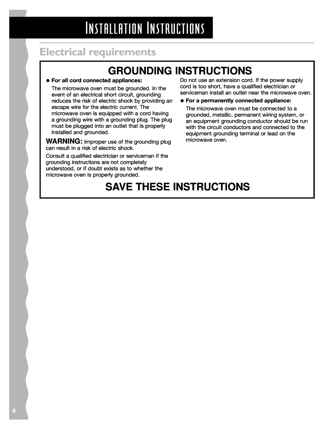 KitchenAid KCMS185J Grounding Instructions, Installation Instructions, Electrical requirements, Save These Instructions 