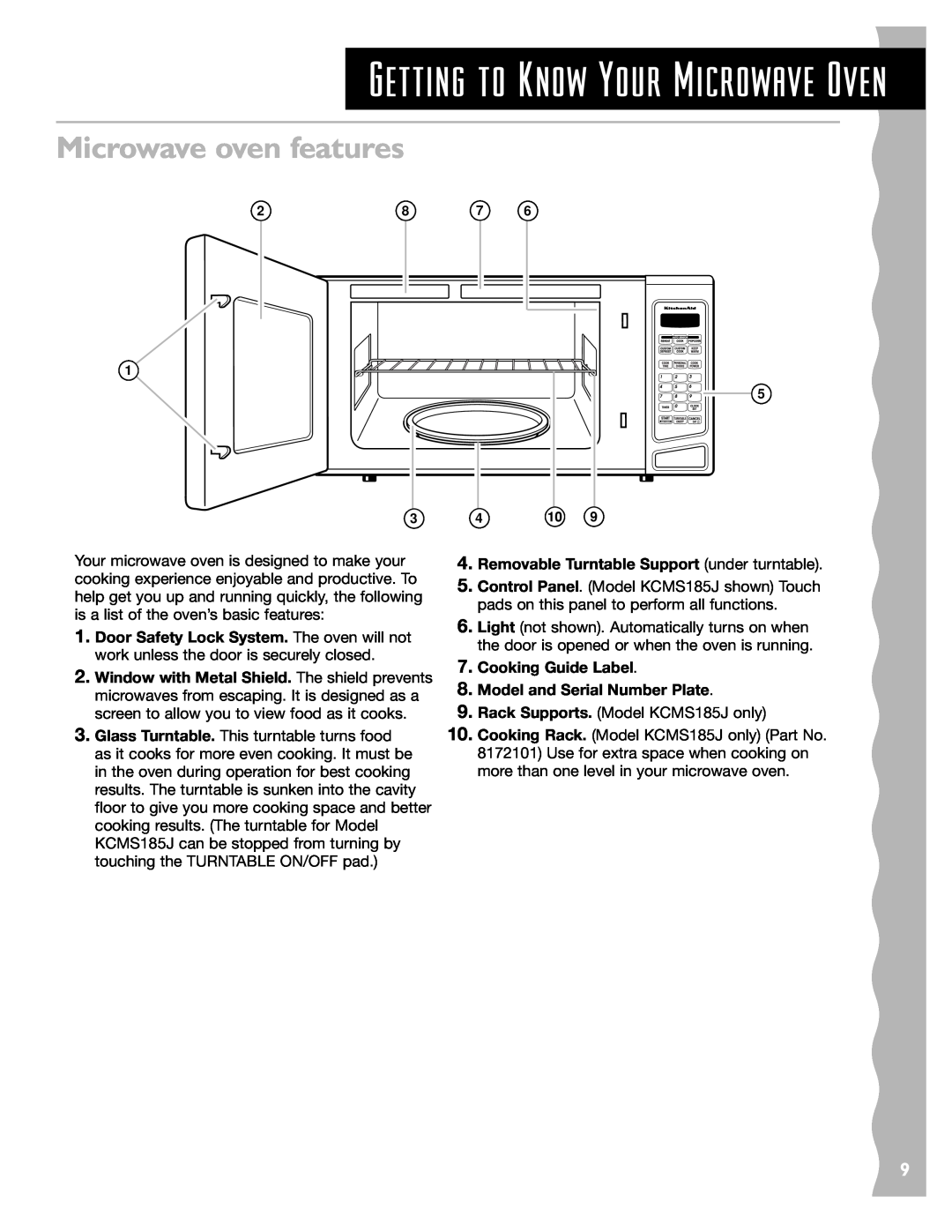 KitchenAid KCMS145JWH, KCMS185J Microwave oven features, Getting to Know Your Microwave Oven, Cooking Guide Label 