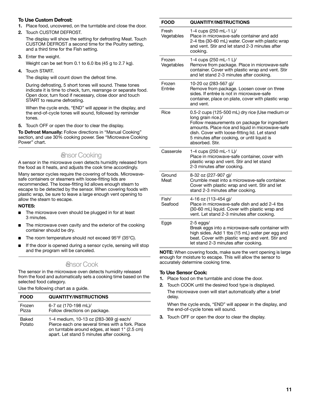 KitchenAid KCMS2055 manual SensorCooking, To Use Custom Defrost, To Use Sensor Cook 