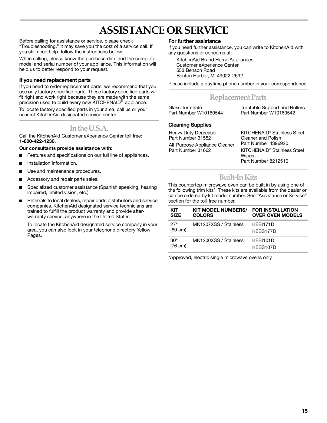 KitchenAid KCMS2055 manual Assistance or Service, ReplacementParts, IntheU.S.A, Built-InKits 