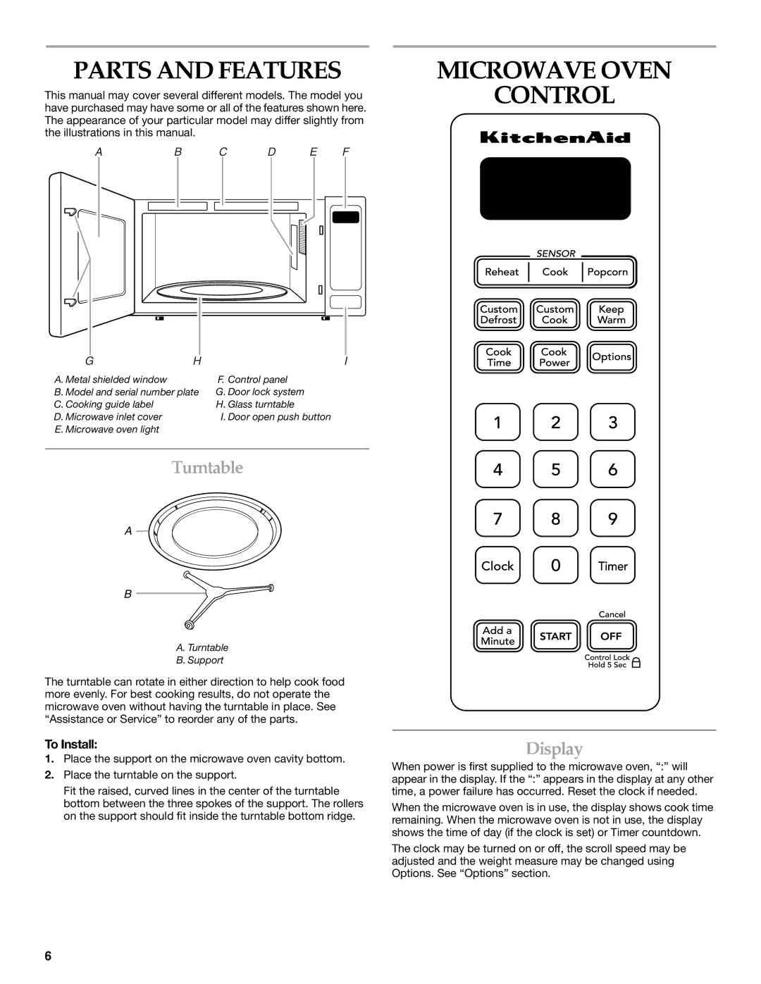 KitchenAid KCMS2055 manual Parts and Features, Microwave Oven Control, Turntable, Display, To Install 