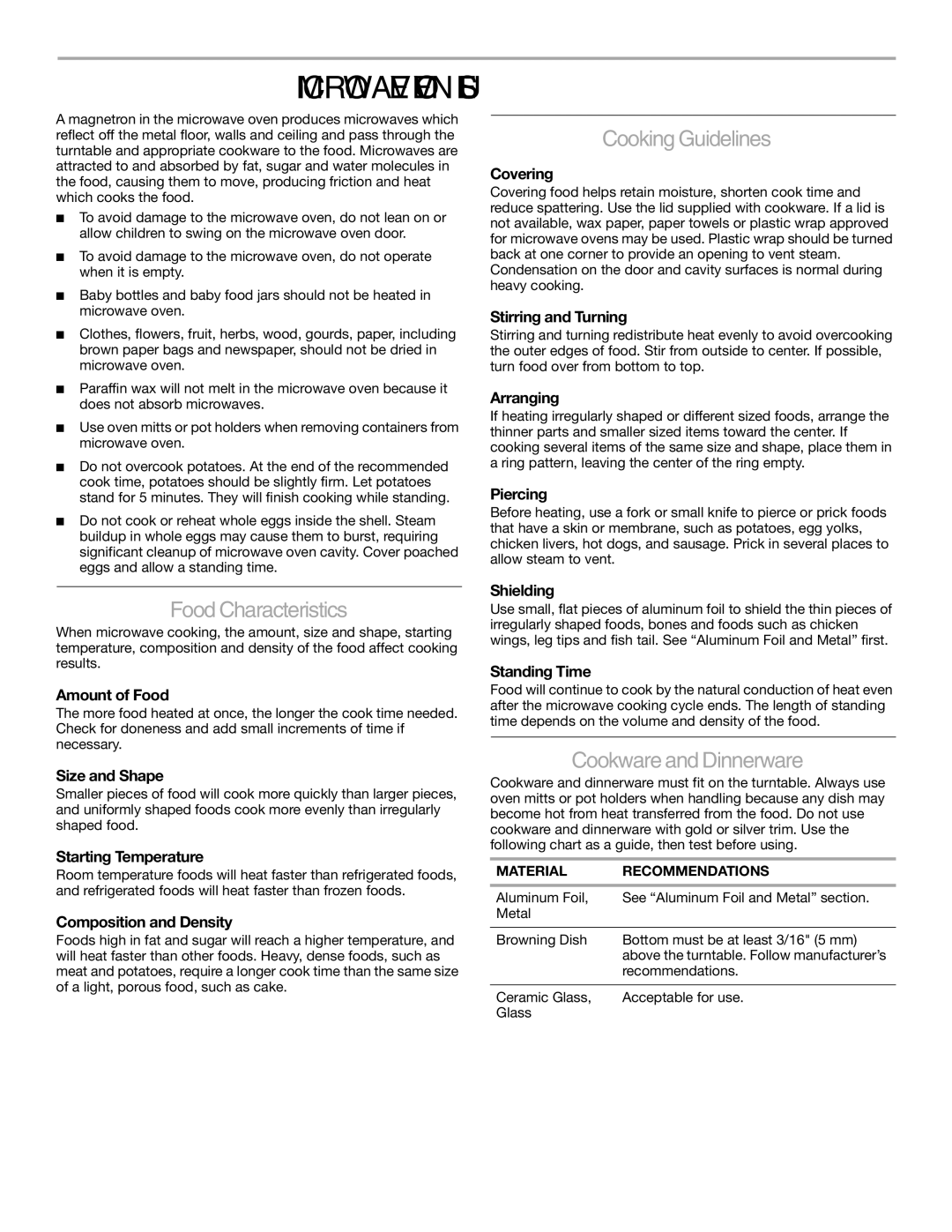 KitchenAid KCMS2055 manual Microwave Oven USE, FoodCharacteristics, CookingGuidelines, CookwareandDinnerware 