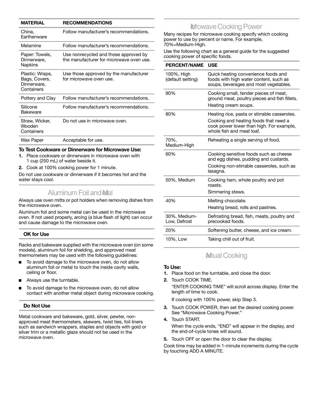 KitchenAid KCMS2055 manual AluminumFoilandMetal, MicrowaveCookingPower, ManualCooking 