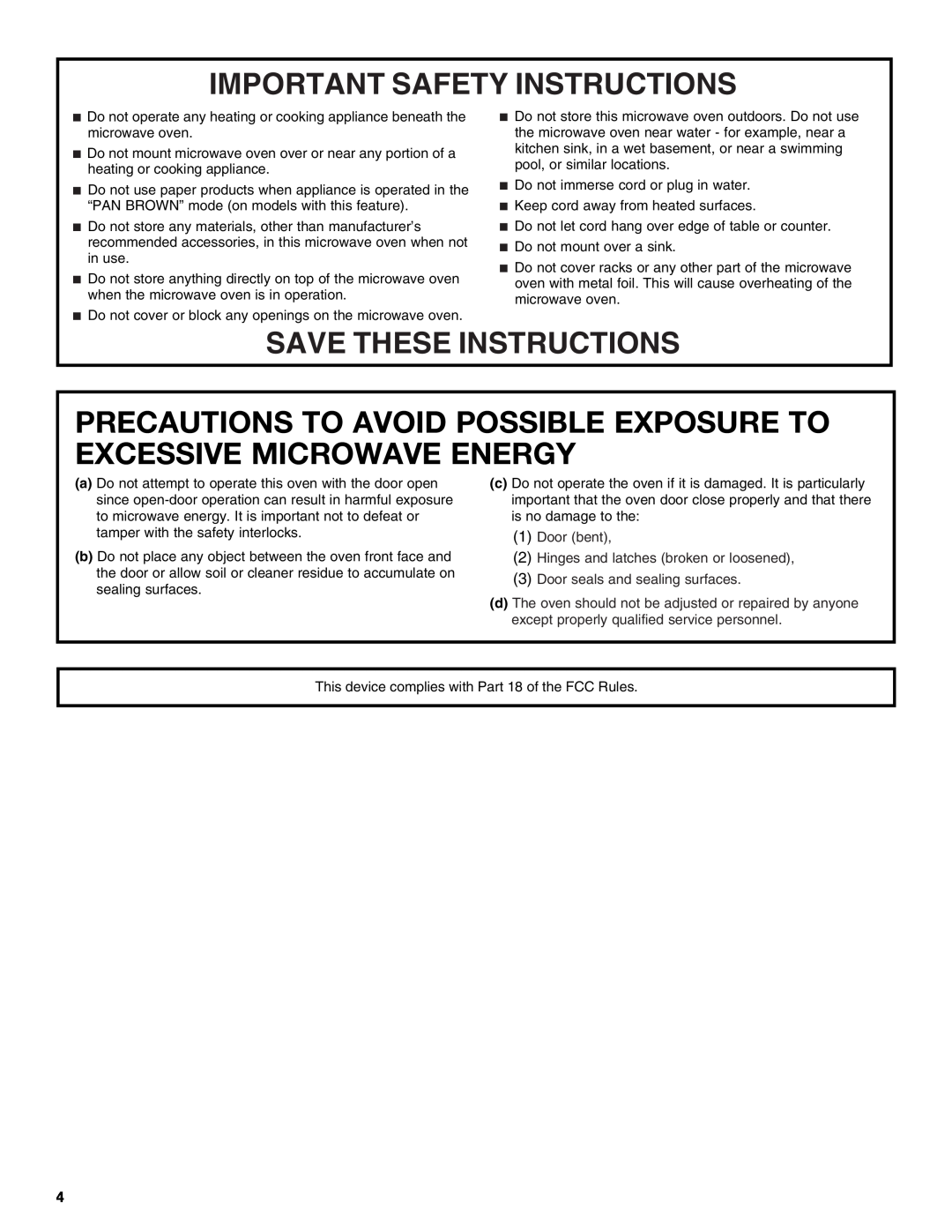 KitchenAid KCMS2055 Precautions To Avoid Possible Exposure To Excessive Microwave Energy, Important Safety Instructions 