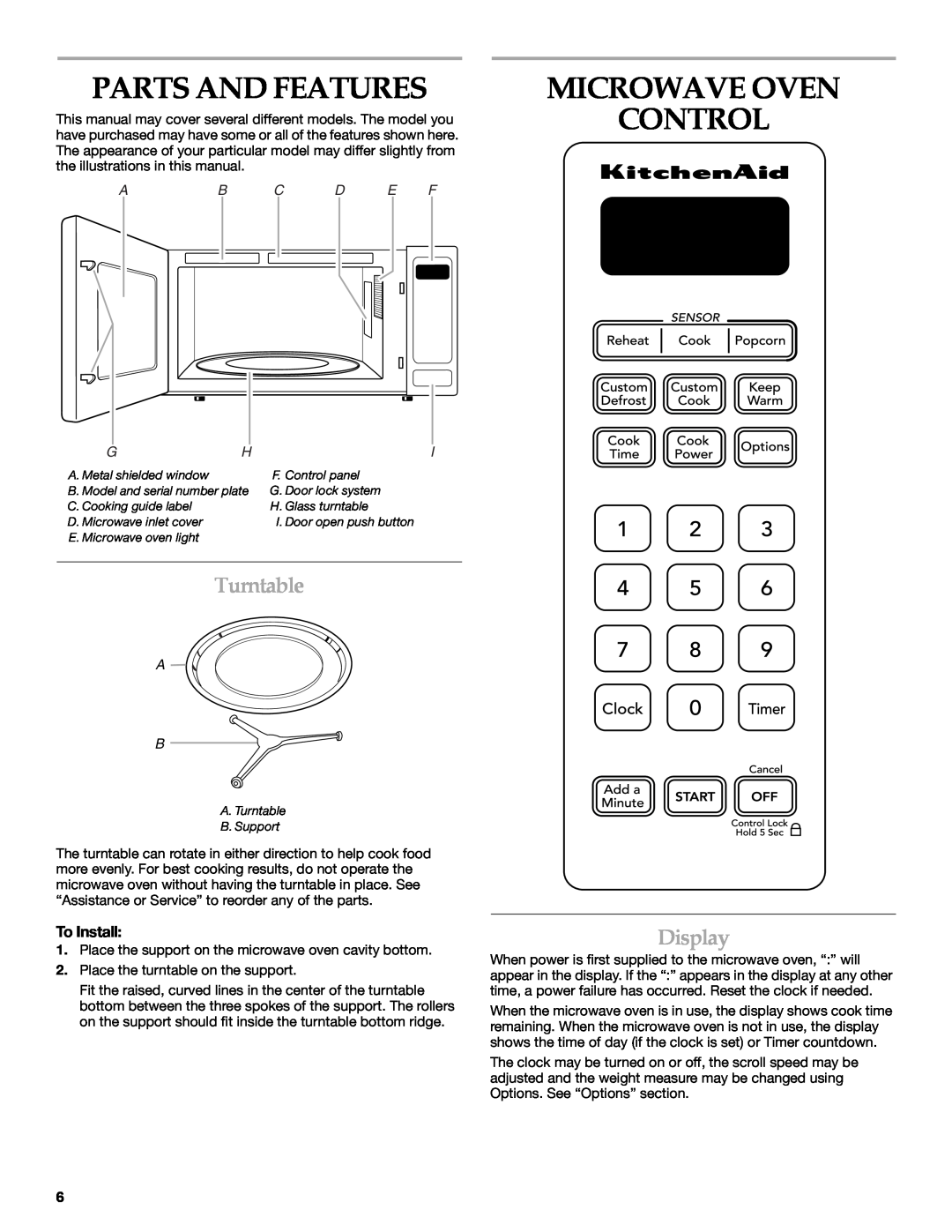 KitchenAid KCMS2055 manual Parts And Features, Microwave Oven Control, Turntable, Display, Ab C D E F 