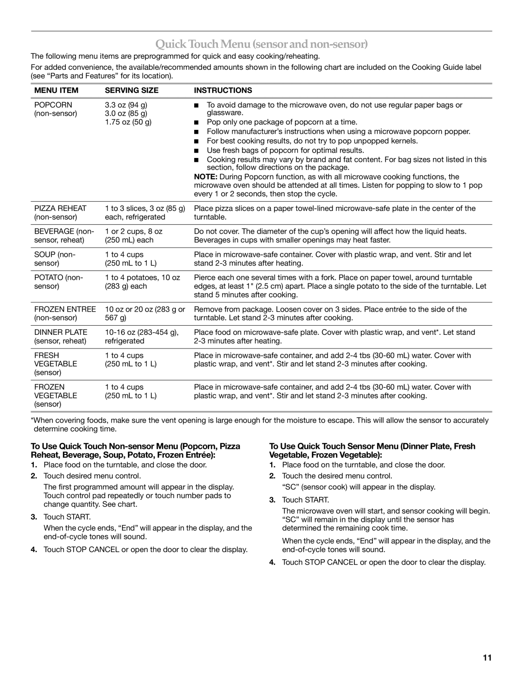 KitchenAid KCMS2255 manual Quick Touch Menu sensor and non-sensor, Menu Item Serving Size Instructions 