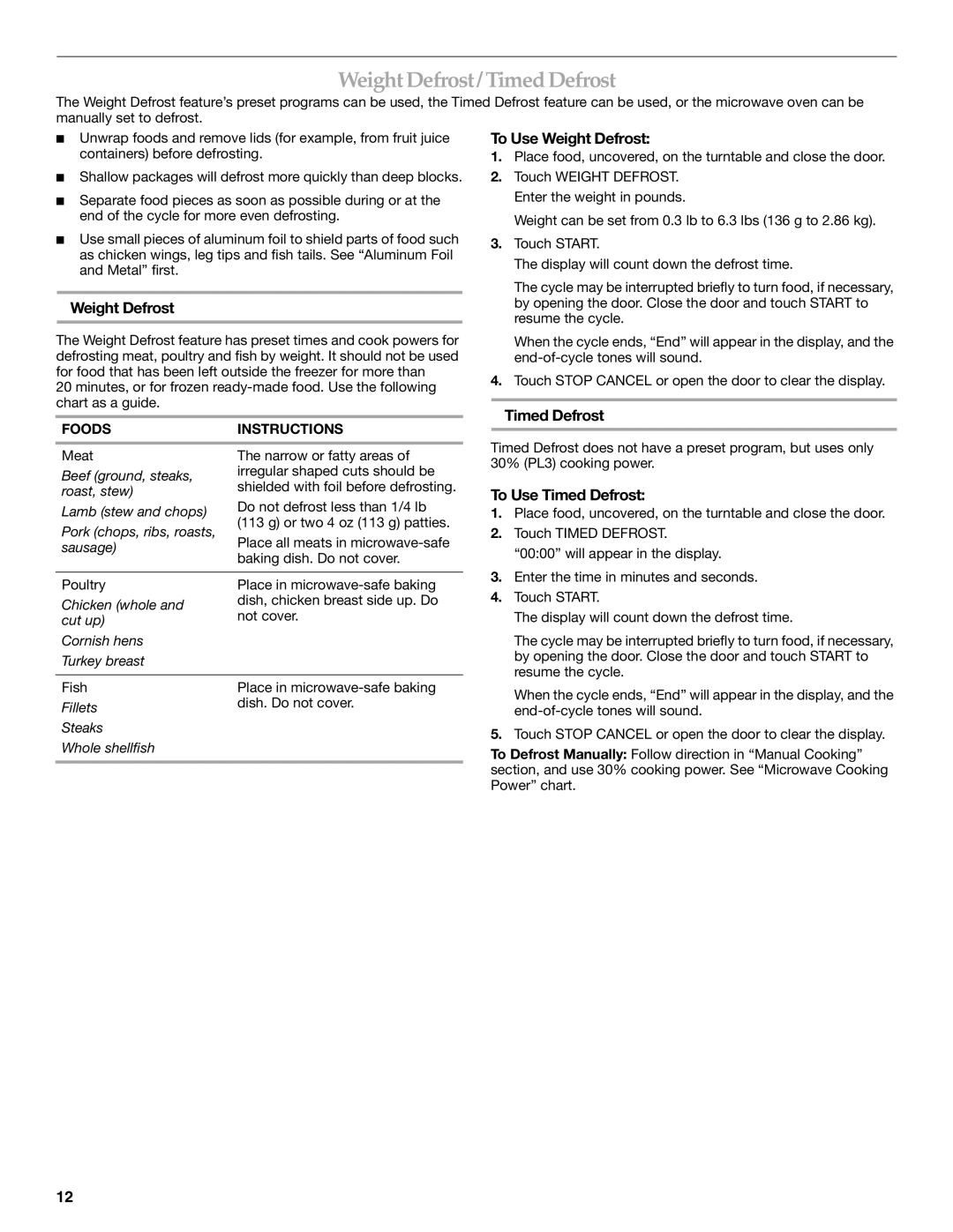 KitchenAid KCMS2255 manual Weight Defrost / Timed Defrost, To Use Weight Defrost, To Use Timed Defrost 