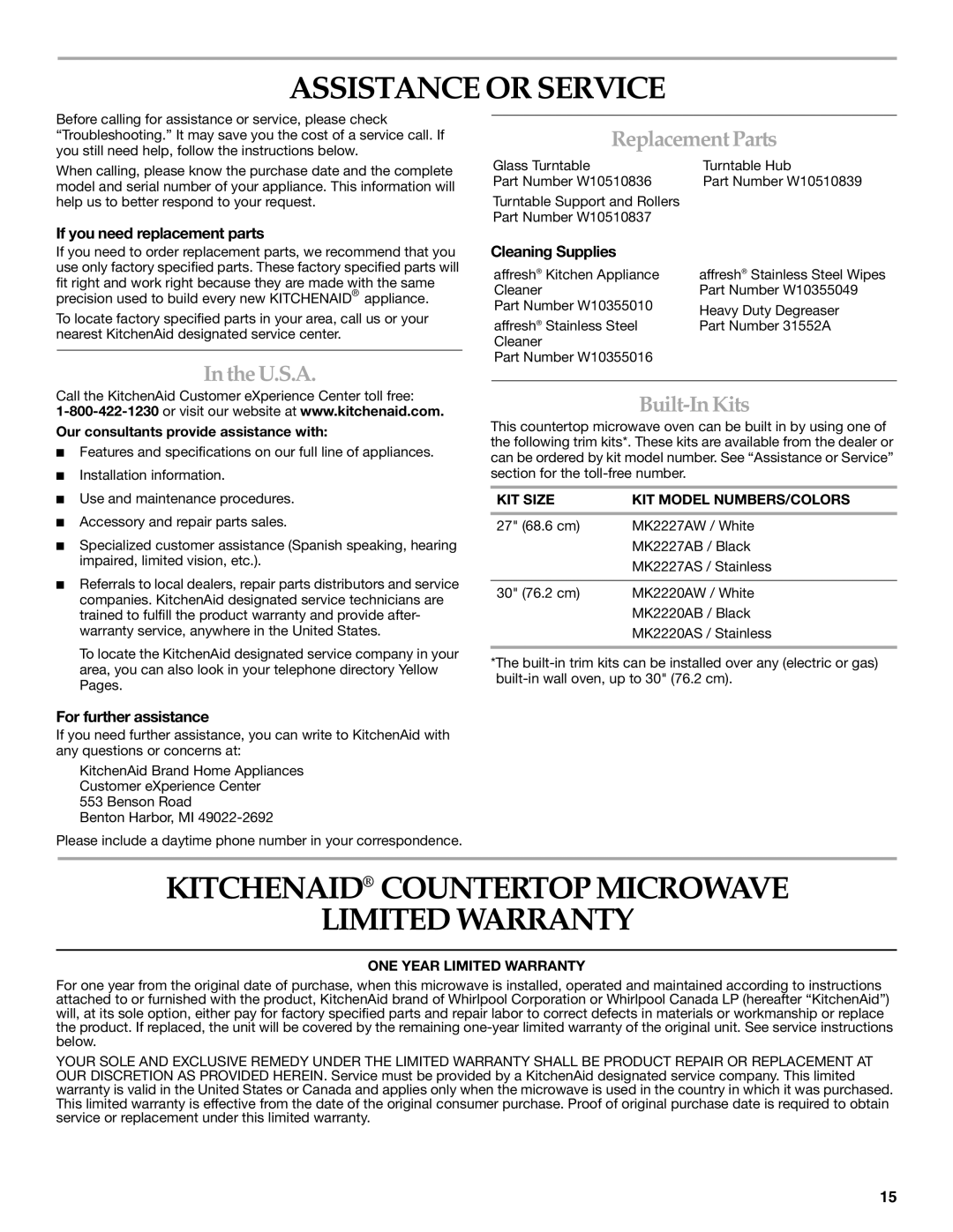 KitchenAid KCMS2255 Assistance or Service, Kitchenaid Countertop Microwave Limited Warranty, U.S.A, Replacement Parts 