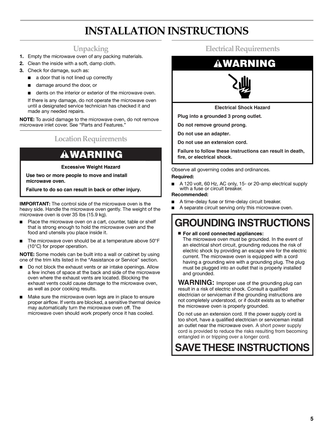 KitchenAid KCMS2255 manual Installation Instructions, Unpacking, Location Requirements, Required, Recommended 