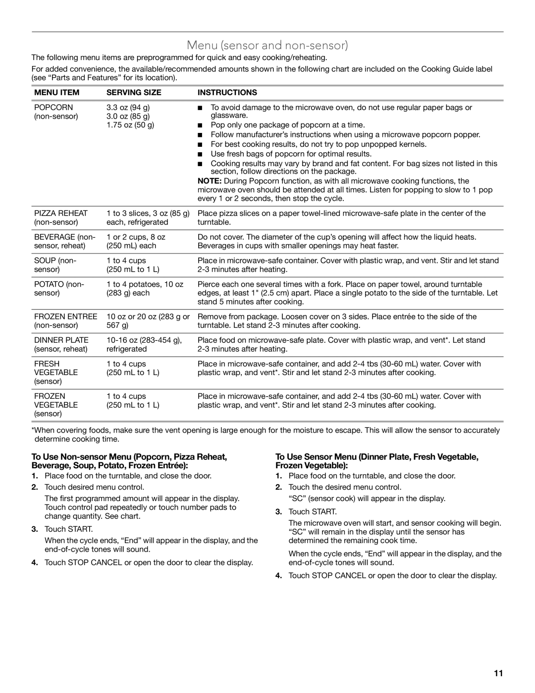 KitchenAid KCMS2255 manual Menu sensor and non-sensor, Menu Item Serving Size Instructions 