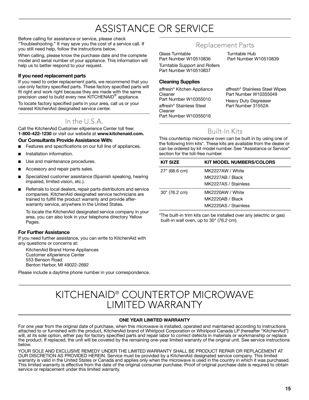 KitchenAid KCMS2255 Assistance or Service, Kitchenaid Countertop Microwave Limited Warranty, U.S.A, Replacement Parts 