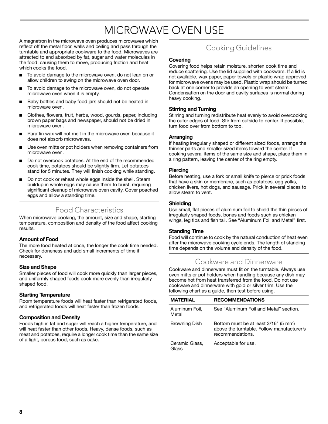 KitchenAid KCMS2255 manual Microwave Oven USE, Food Characteristics, Cooking Guidelines, Cookware and Dinnerware 