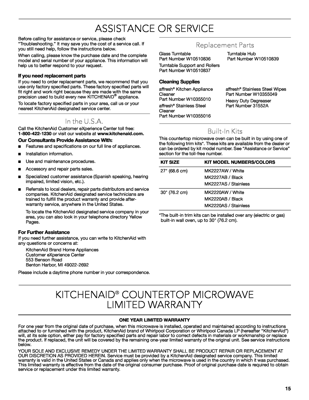 KitchenAid KCMS2255 Assistance Or Service, Kitchenaid Countertop Microwave Limited Warranty, In the U.S.A, Built-In Kits 