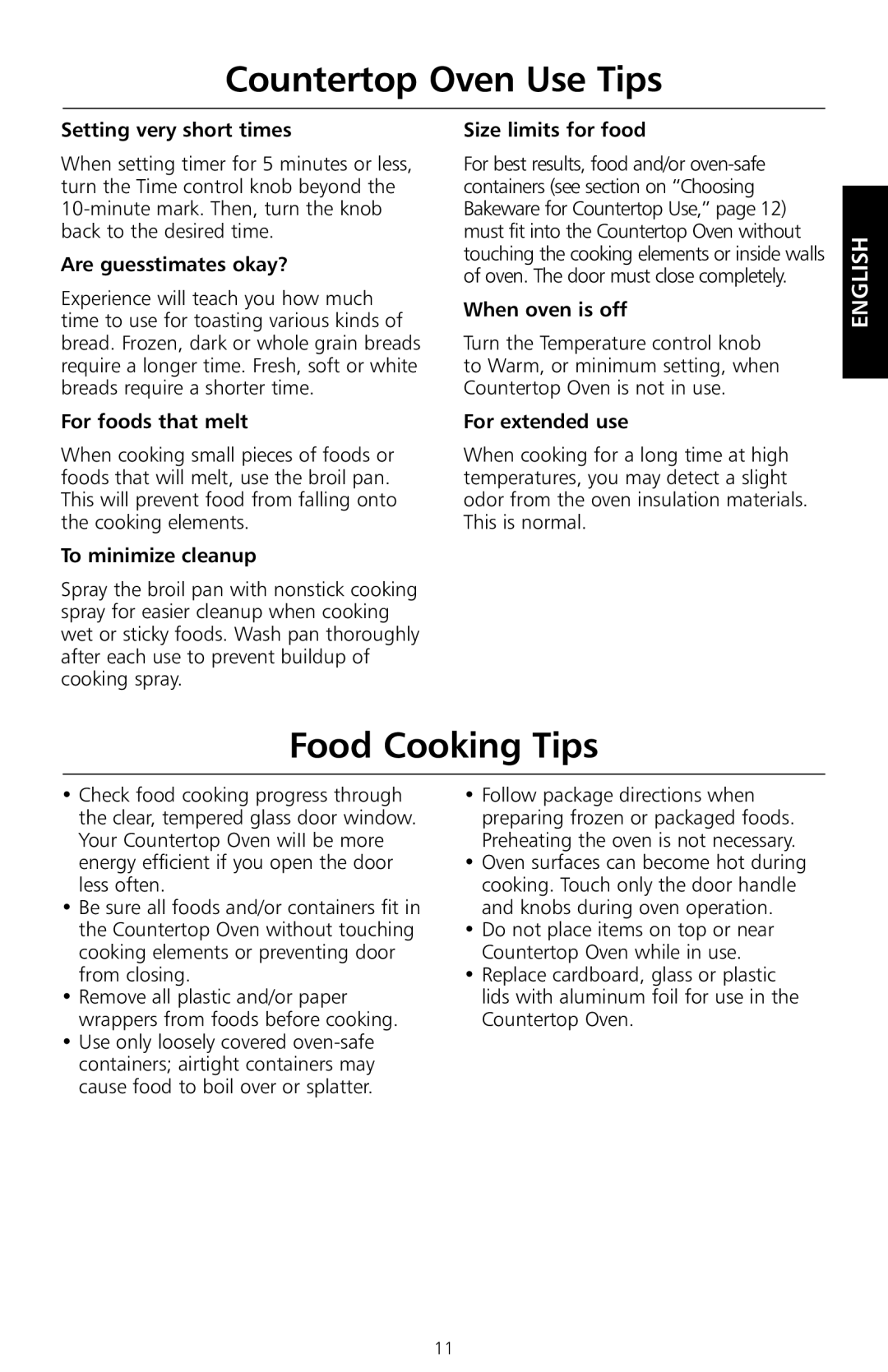 KitchenAid KCO1005 manual Countertop Oven Use Tips, Food Cooking Tips 