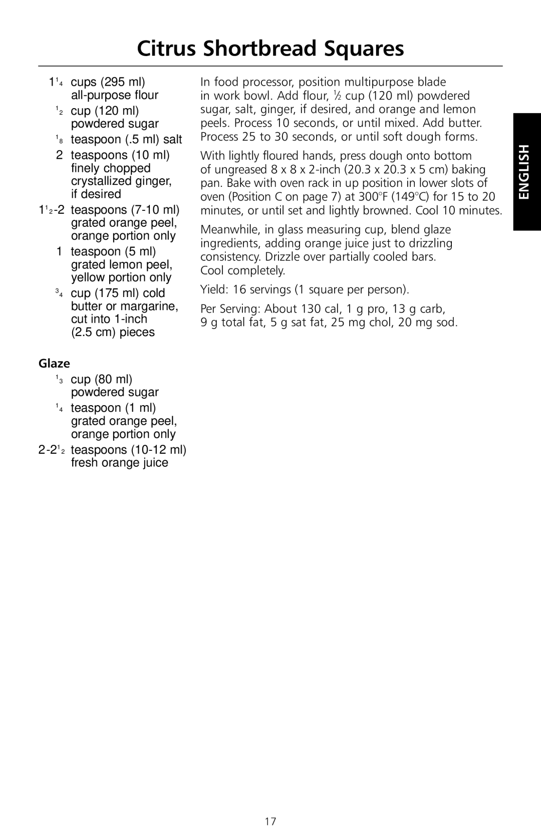 KitchenAid KCO1005 manual Citrus Shortbread Squares, Glaze, Food processor, position multipurpose blade 