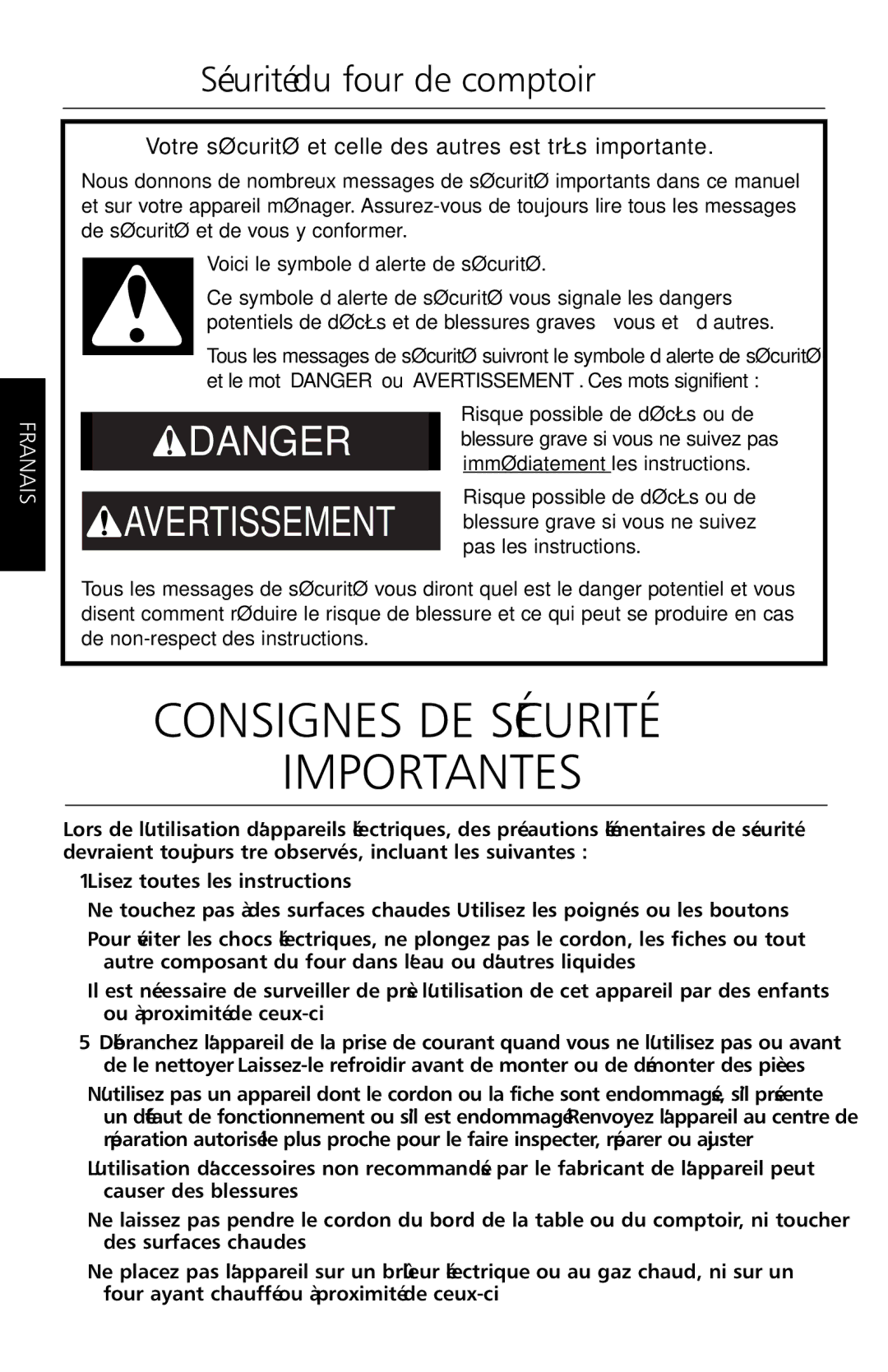 KitchenAid KCO1005 manual Sécurité du four de comptoir, Votre sécurité et celle des autres est très importante 