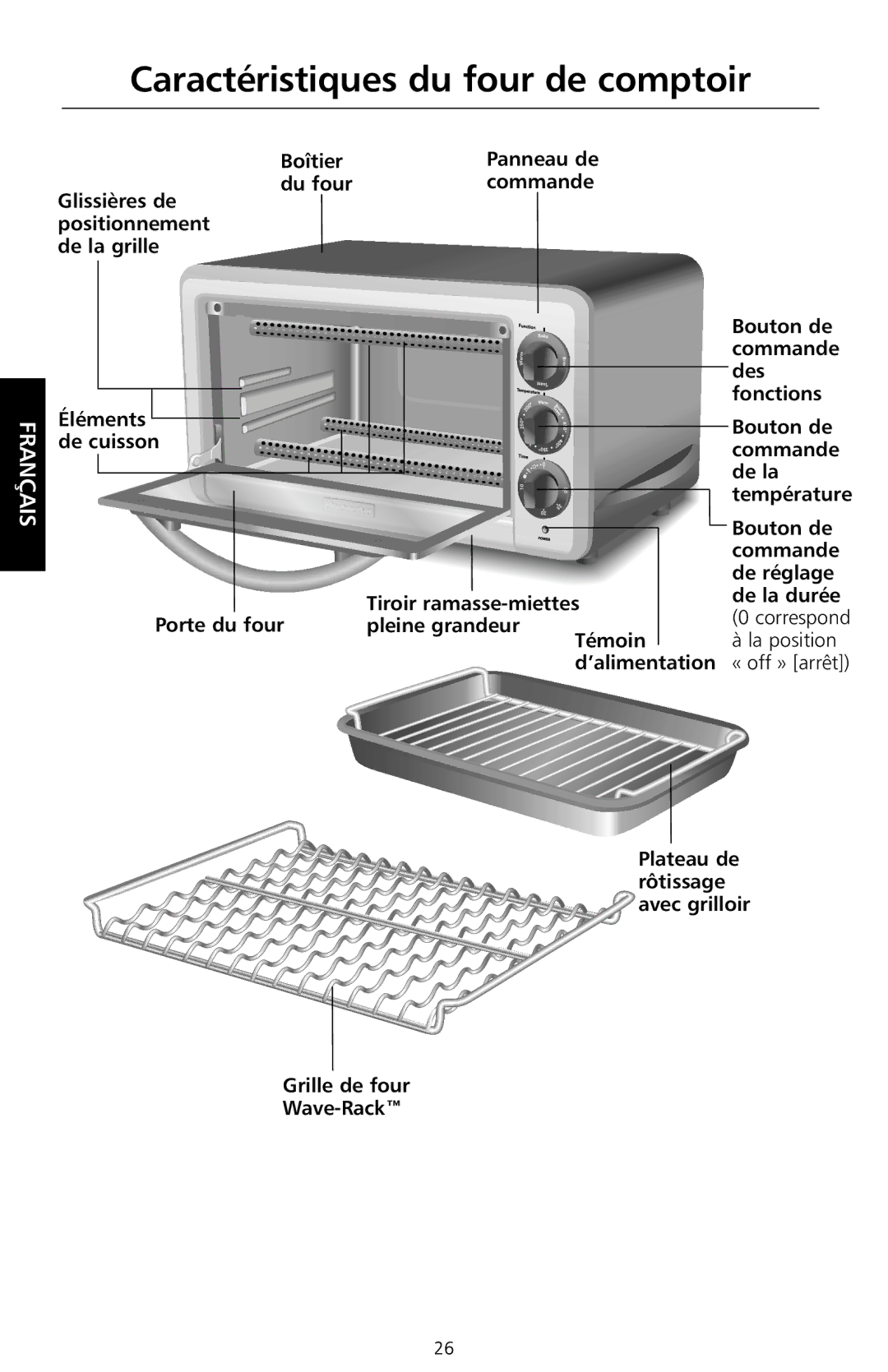 KitchenAid KCO1005 manual Caractéristiques du four de comptoir, Éléments, La position « off » arrêt 