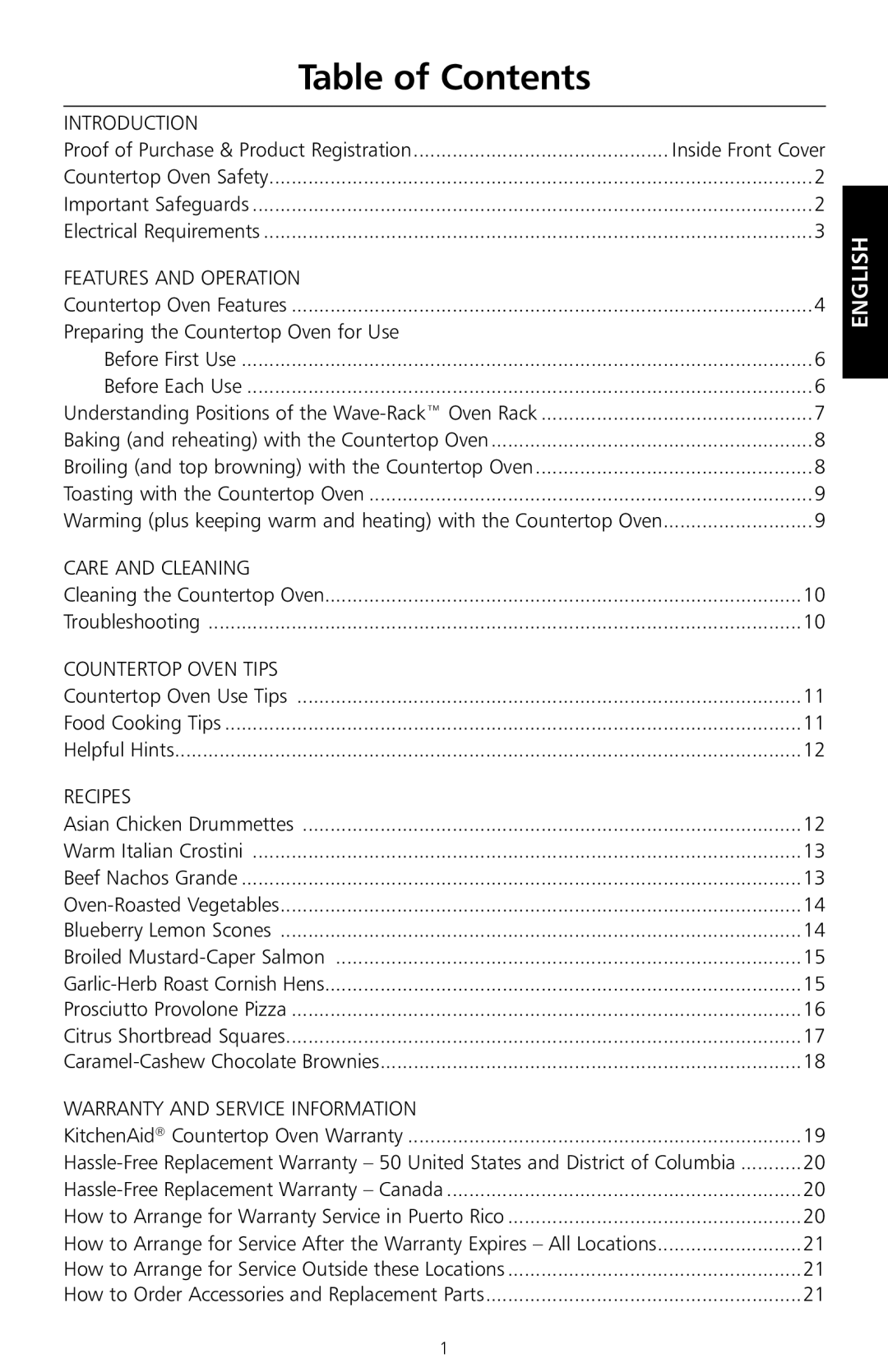 KitchenAid KCO1005 manual Table of Contents 