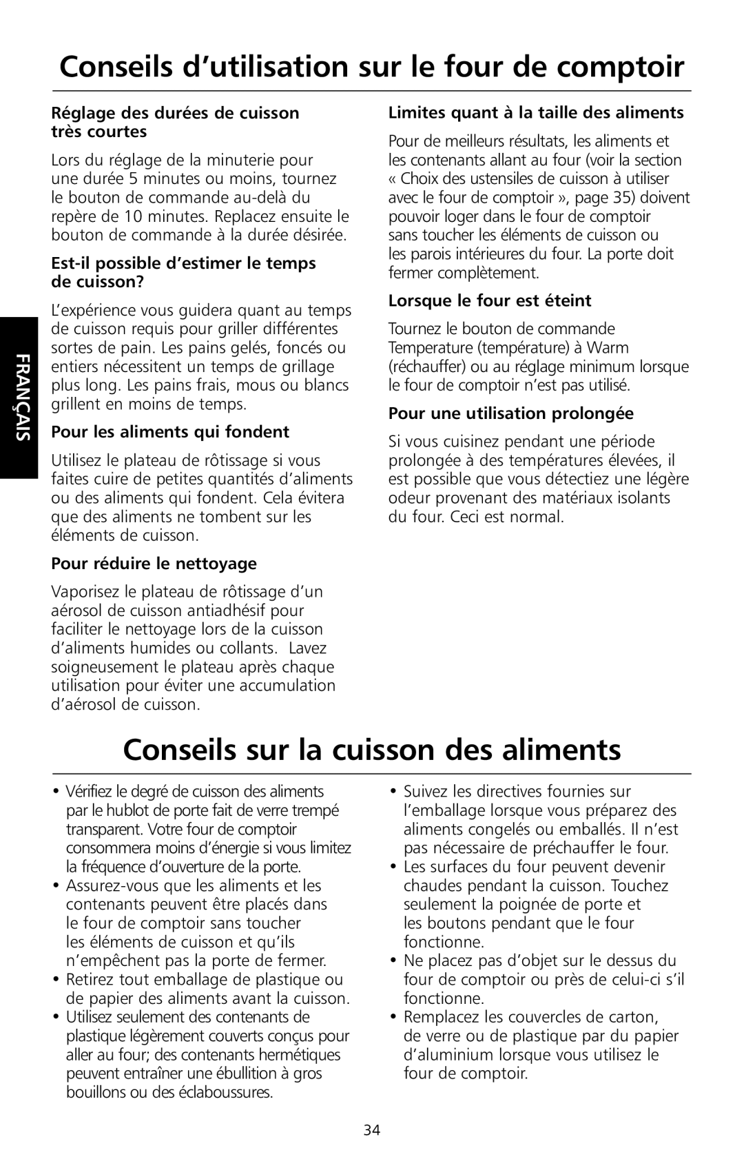 KitchenAid KCO1005 manual Conseils d’utilisation sur le four de comptoir, Conseils sur la cuisson des aliments 