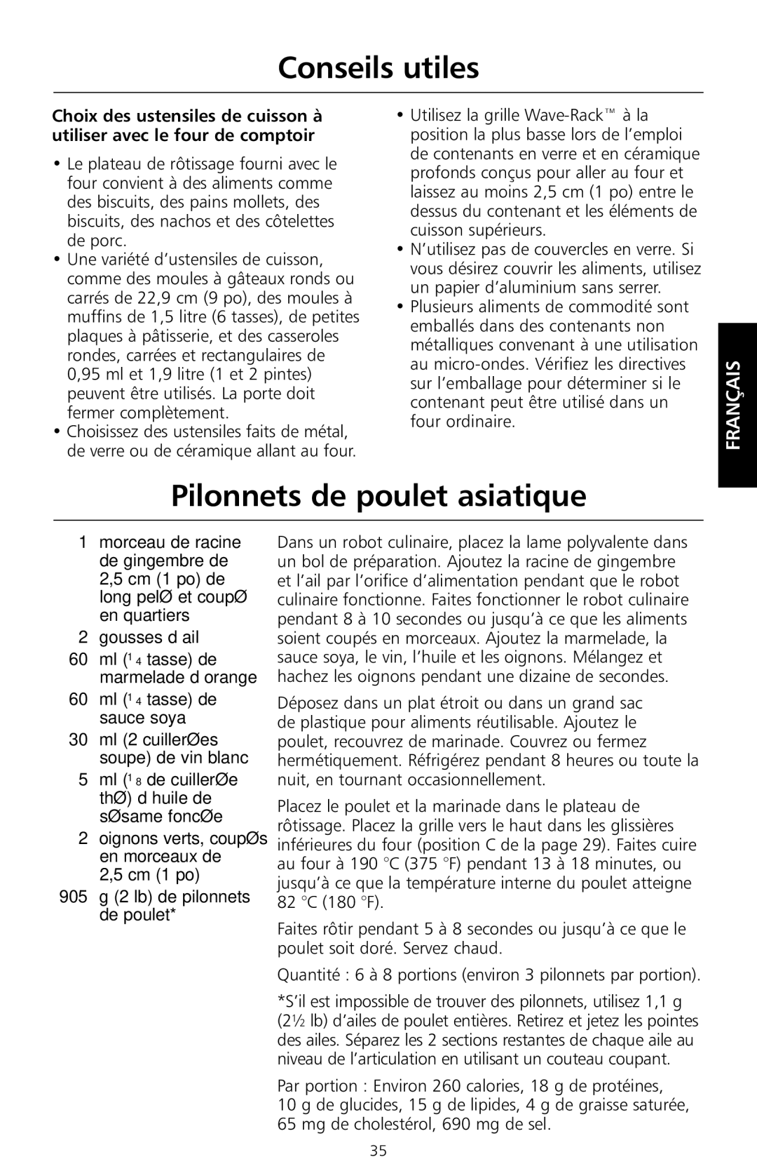 KitchenAid KCO1005 manual Conseils utiles, Pilonnets de poulet asiatique 