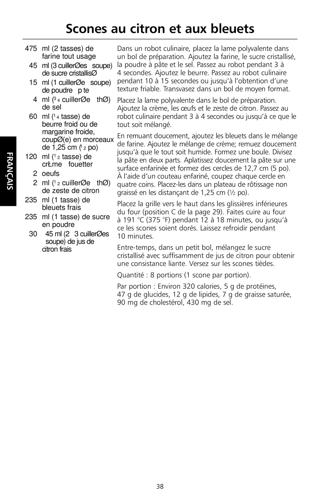 KitchenAid KCO1005 manual Scones au citron et aux bleuets, Ml 3⁄4 cuillerée à thé de sel, Oeufs 