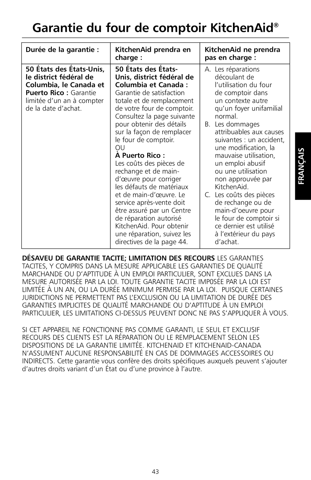 KitchenAid KCO1005 manual Garantie du four de comptoir KitchenAid, Le district fédéral de Unis, district fédéral de 