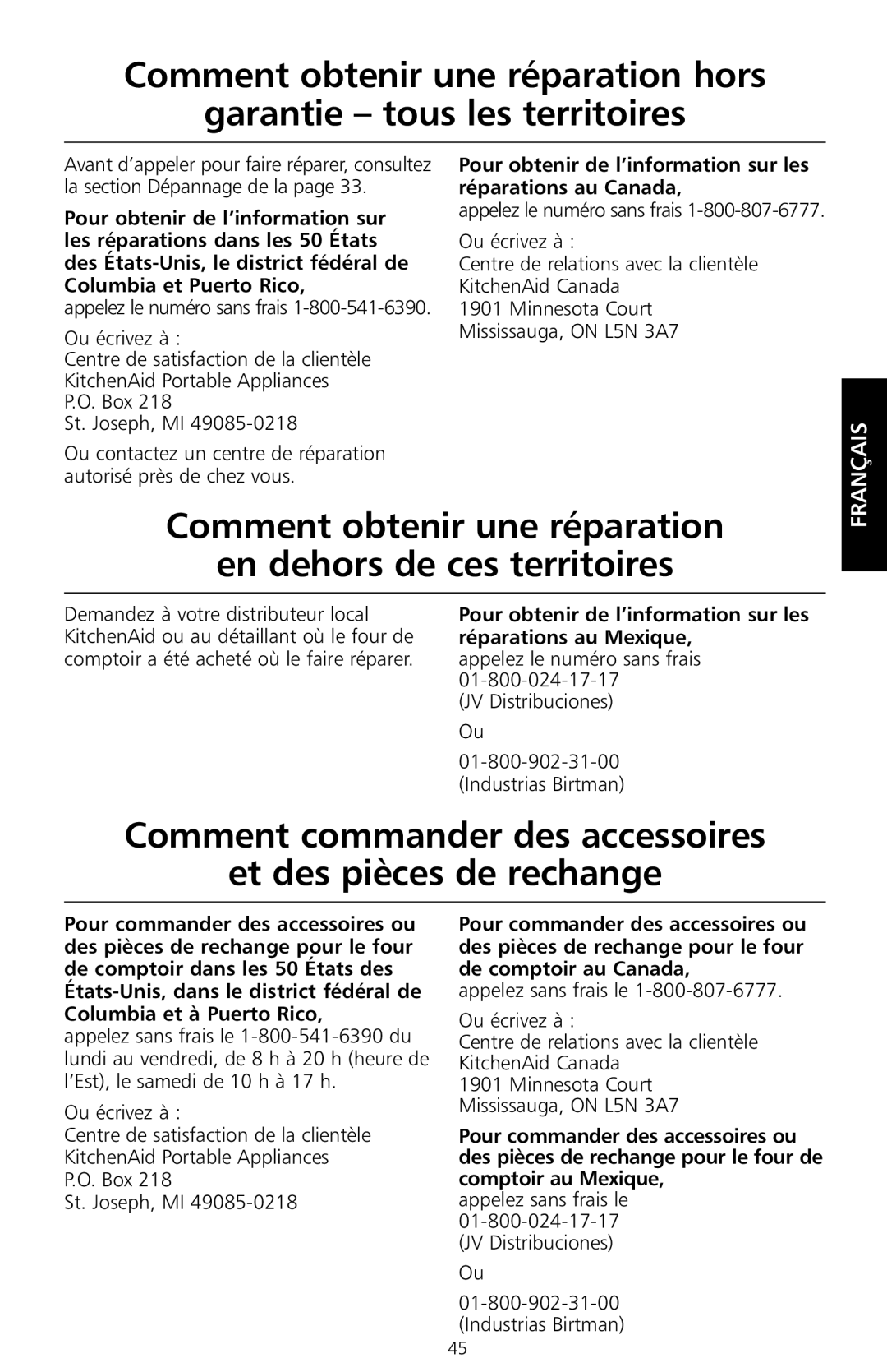 KitchenAid KCO1005 manual Comment obtenir une réparation En dehors de ces territoires, Appelez le numéro sans frais 