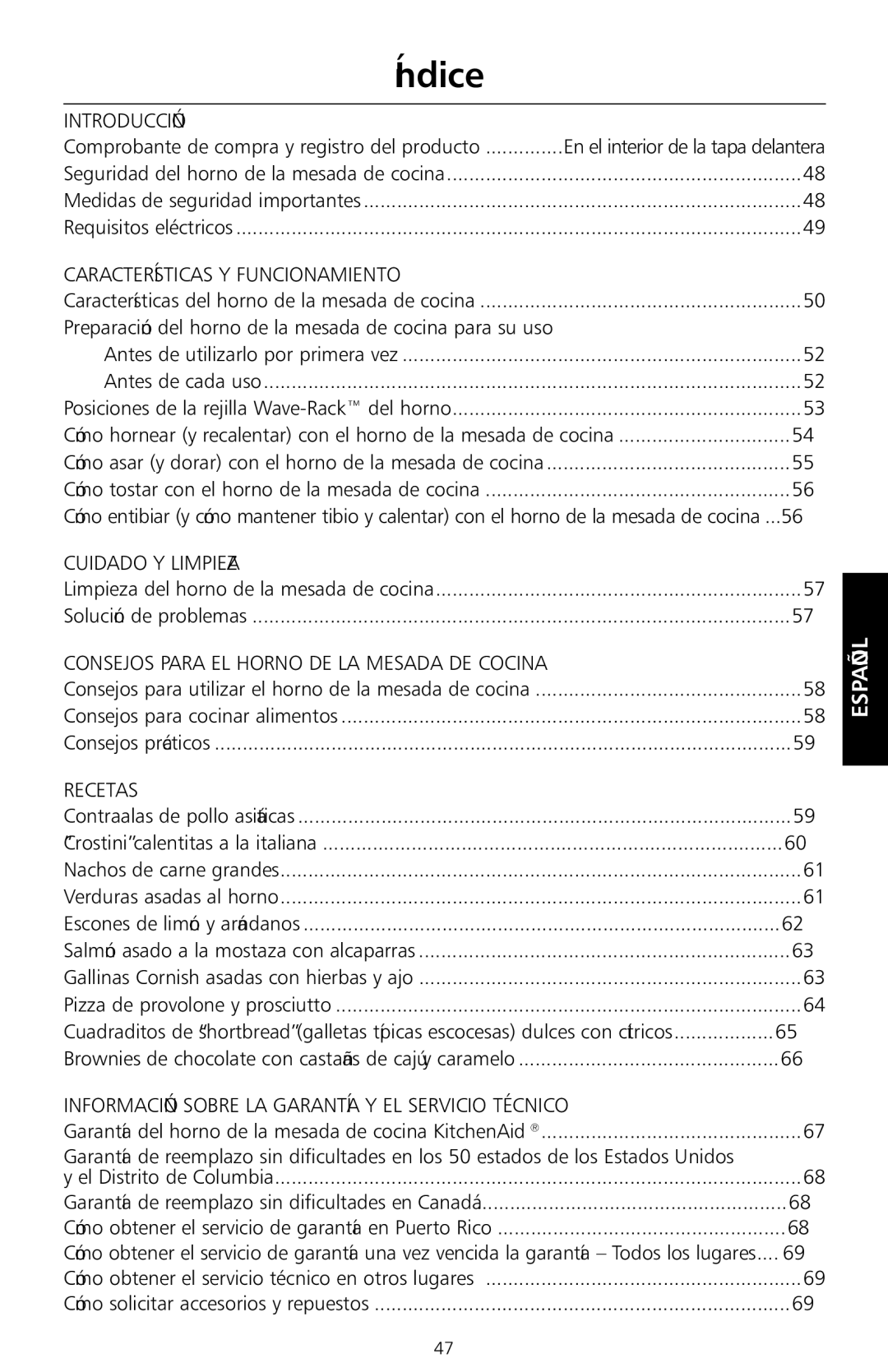 KitchenAid KCO1005 manual Índice, Consejos para cocinar alimentos Consejos prácticos, Pizza de provolone y prosciutto 