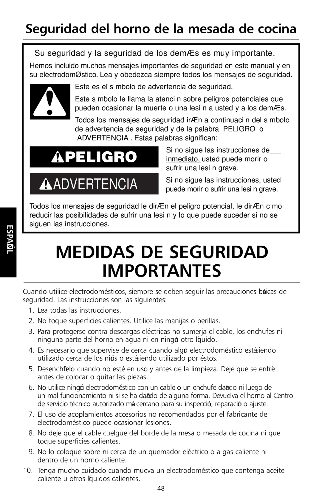 KitchenAid KCO1005 Seguridad del horno de la mesada de cocina, Su seguridad y la seguridad de los demás es muy importante 