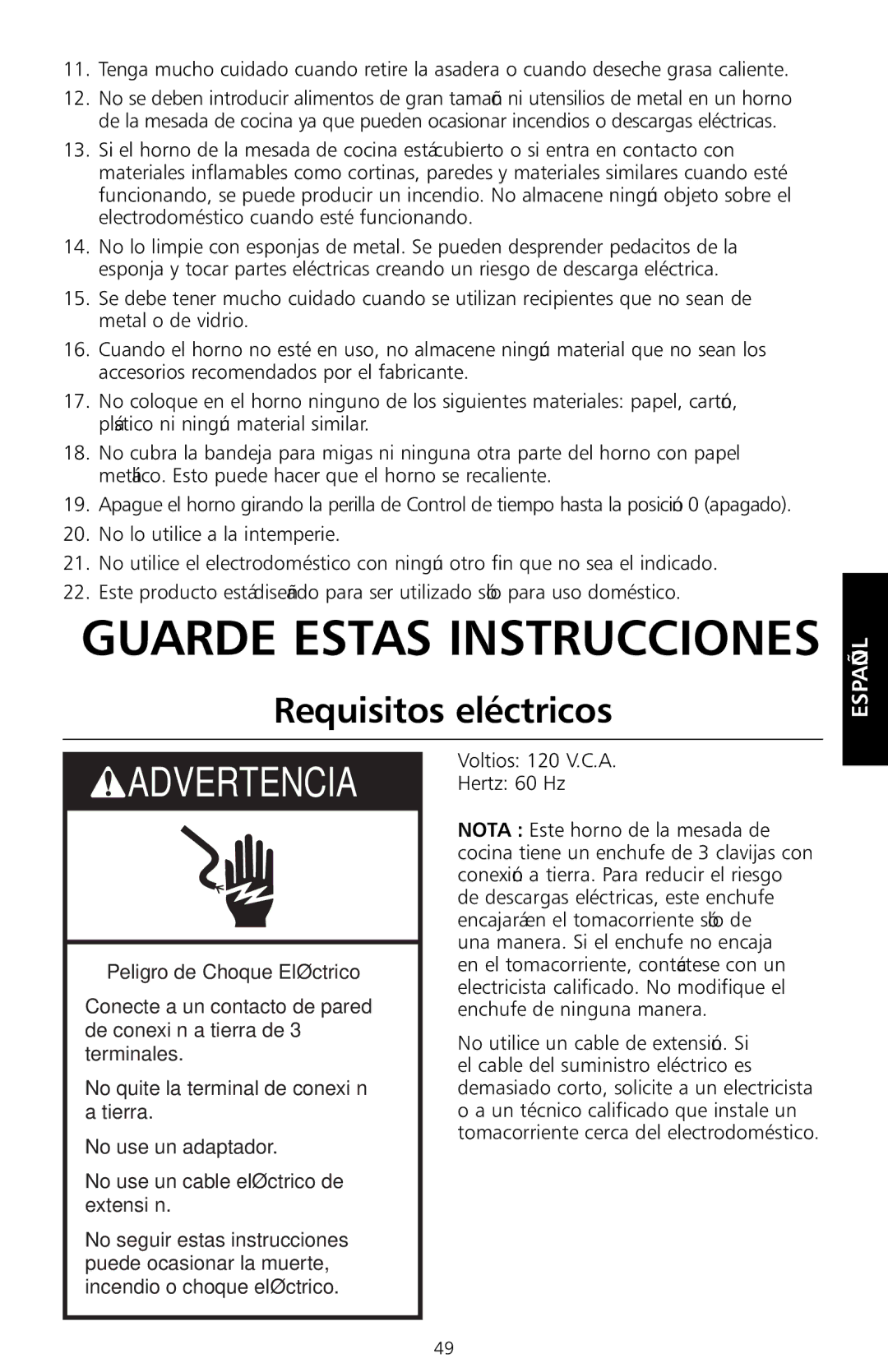 KitchenAid KCO1005 manual Requisitos eléctricos, Voltios 120 V.C.A Hertz 60 Hz 