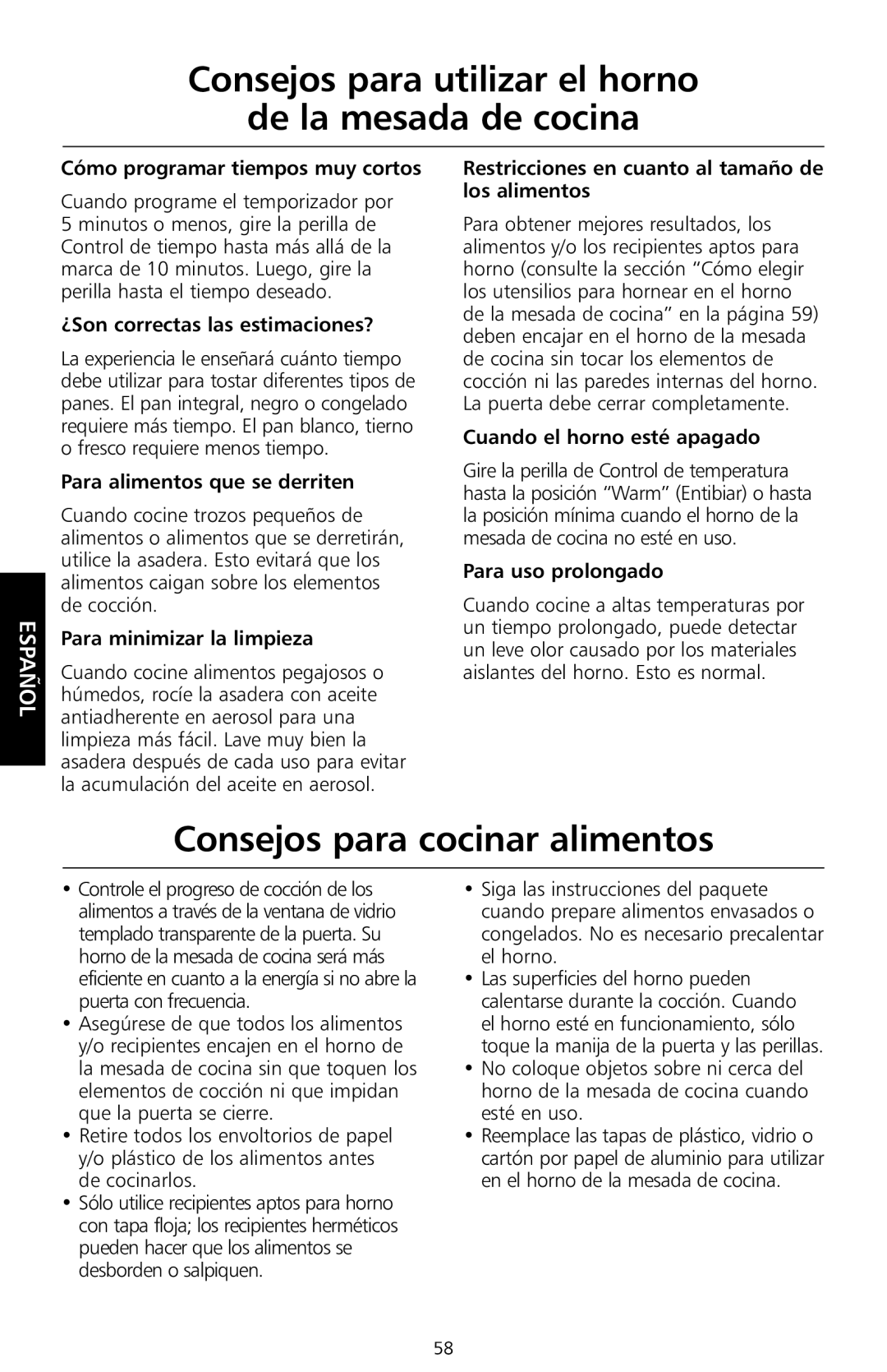 KitchenAid KCO1005 manual Consejos para utilizar el horno De la mesada de cocina, Consejos para cocinar alimentos 