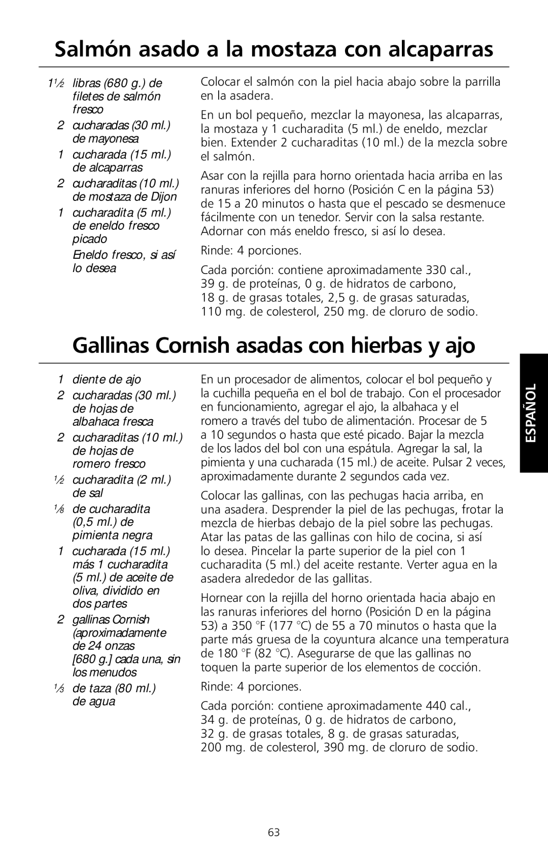 KitchenAid KCO1005 Salmón asado a la mostaza con alcaparras, Gallinas Cornish asadas con hierbas y ajo, Rinde 4 porciones 