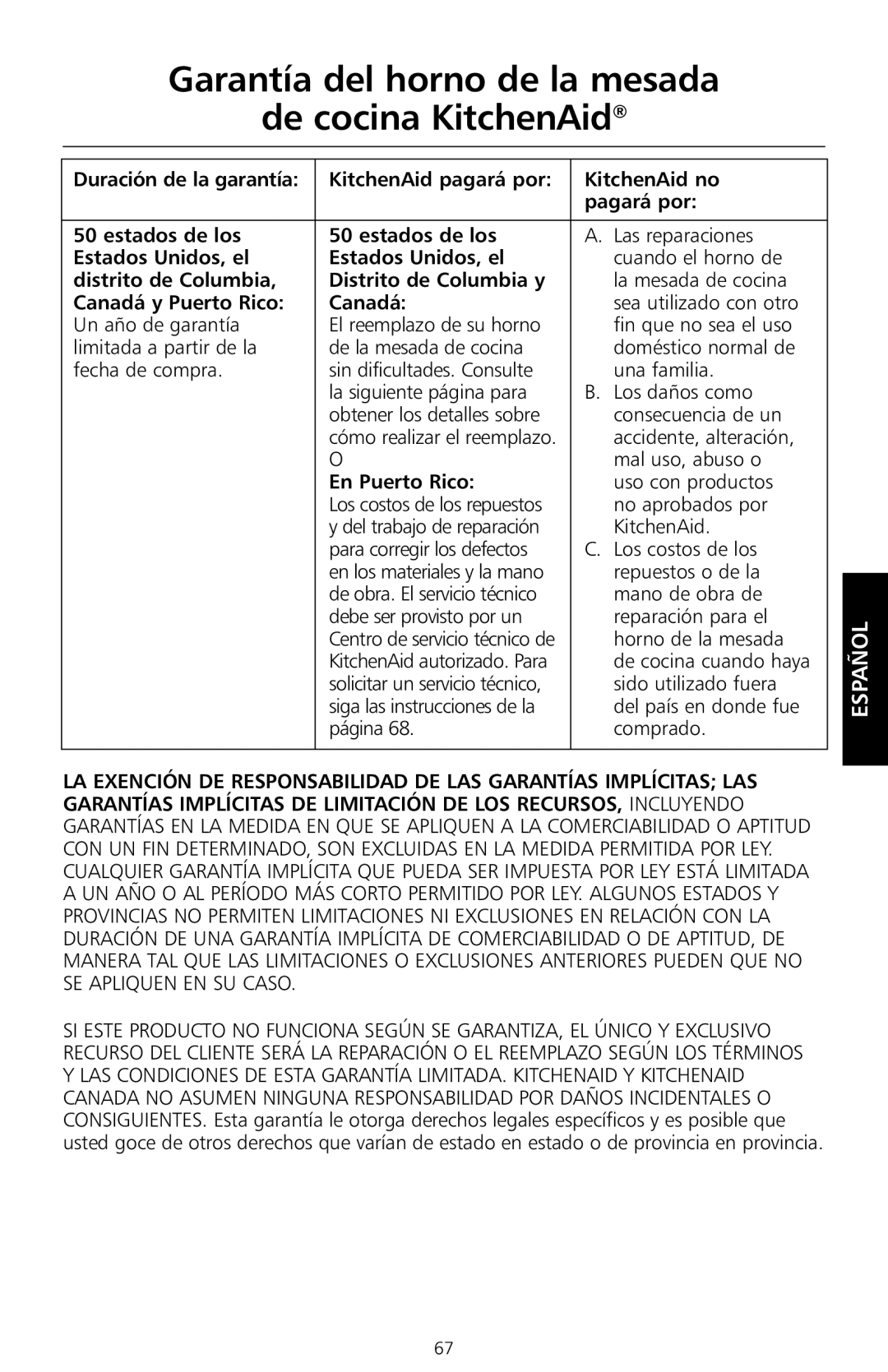 KitchenAid KCO1005 manual Garantía del horno de la mesada De cocina KitchenAid, Estados Unidos, el, Canadá y Puerto Rico 