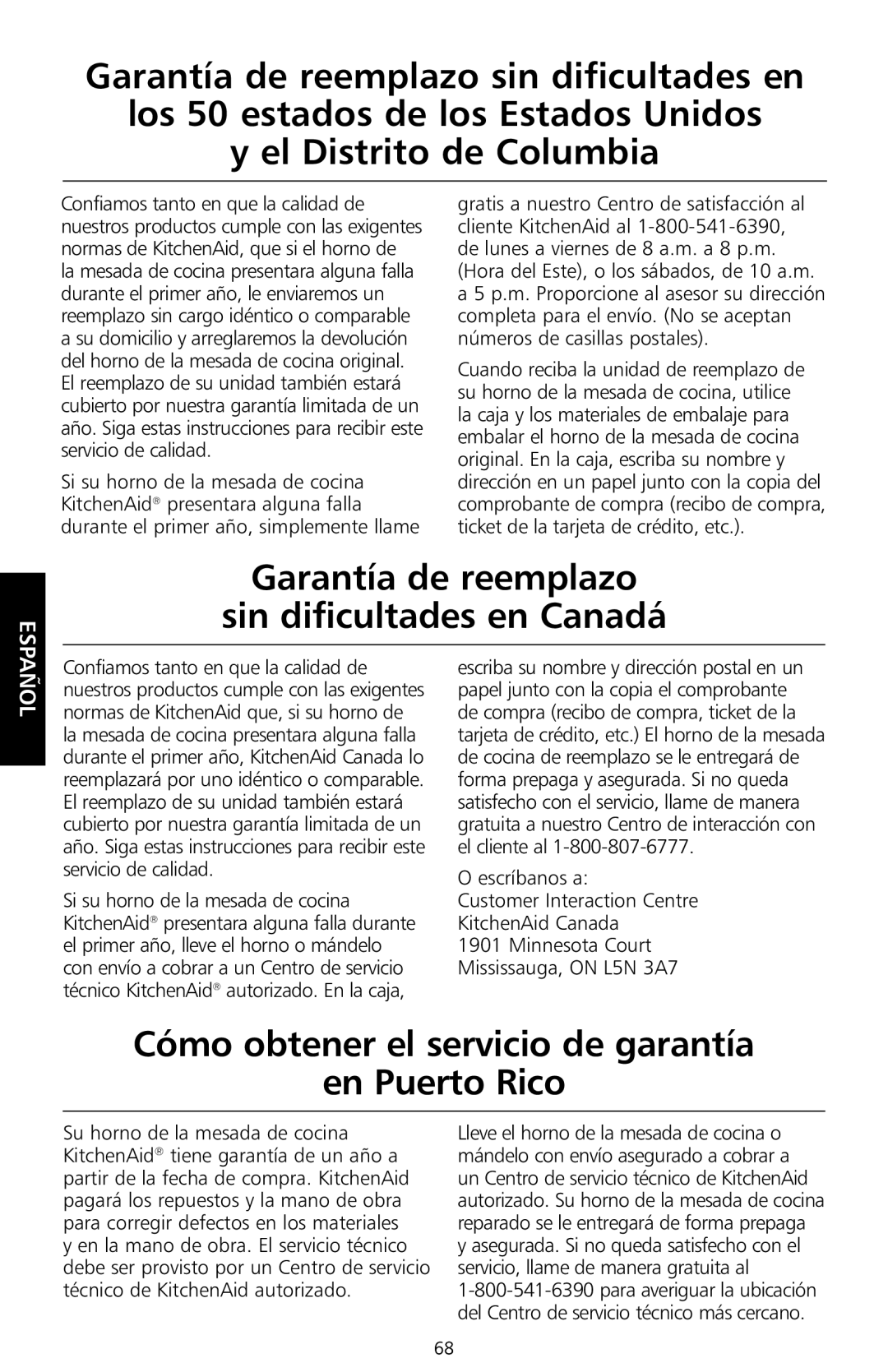 KitchenAid KCO1005 Garantía de reemplazo Sin dificultades en Canadá, Cómo obtener el servicio de garantía En Puerto Rico 