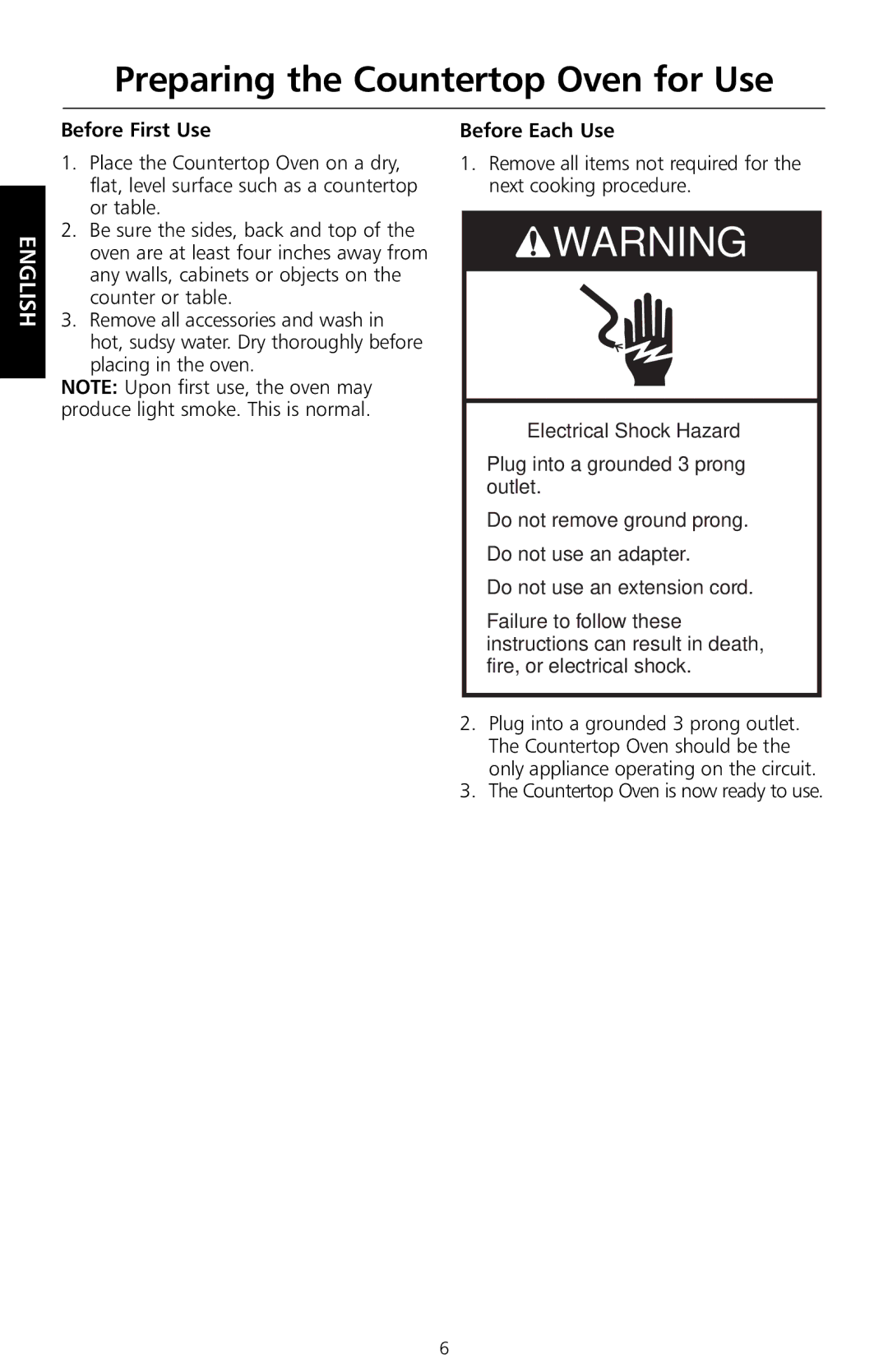 KitchenAid KCO1005 manual Preparing the Countertop Oven for Use, Before First Use, Before Each Use 