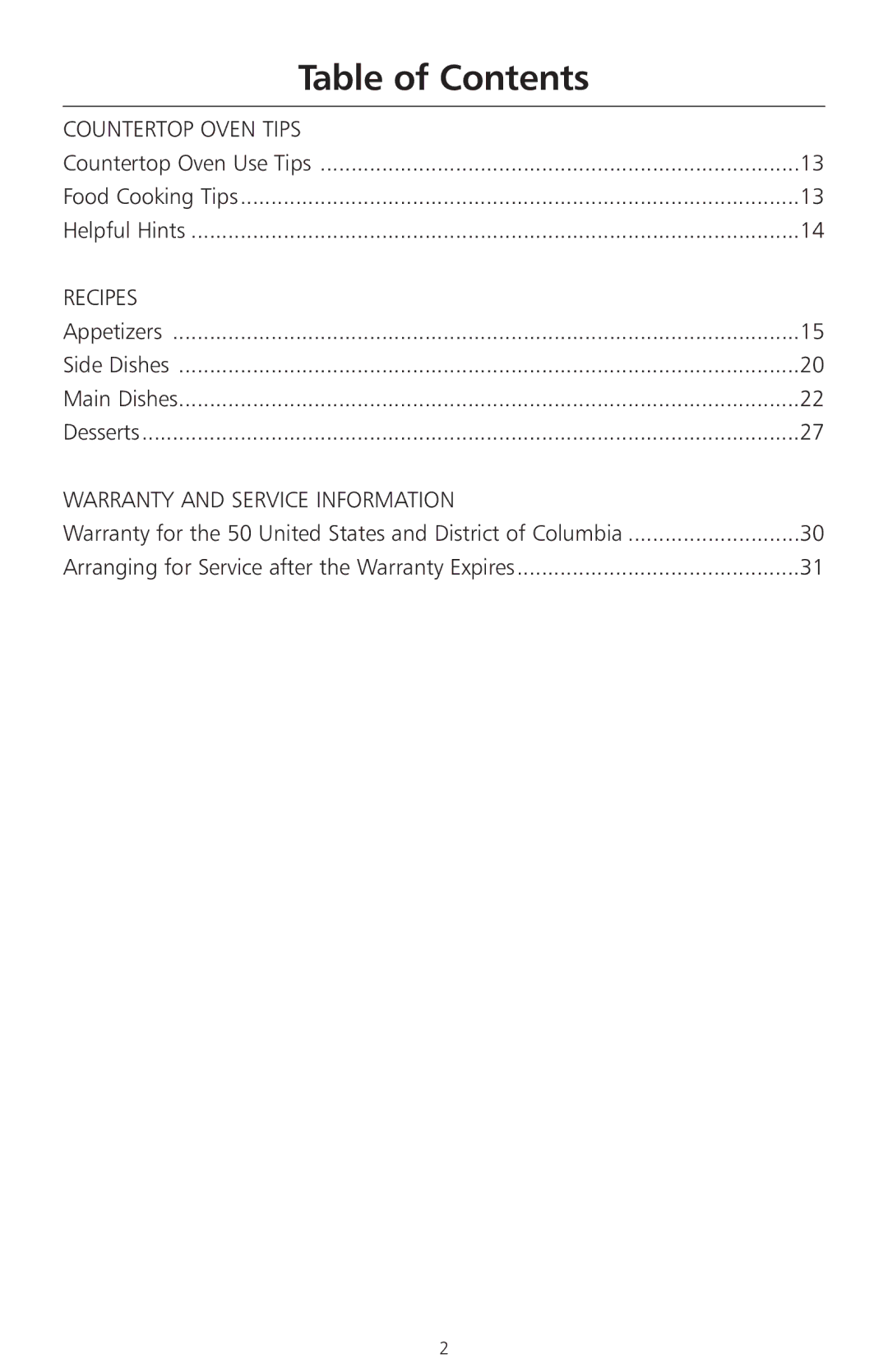 KitchenAid KCO1005 manual Table of Contents 