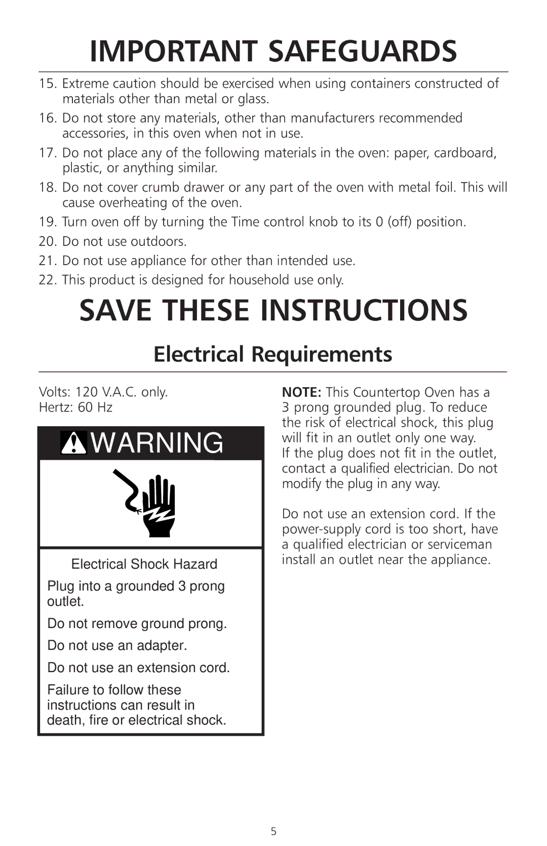 KitchenAid KCO1005 manual Electrical Requirements 