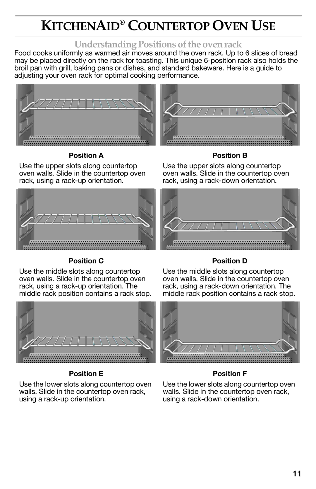 KitchenAid KCO273SS, KCO222, KCO223 manual Kitchenaid Countertop Oven USE, Understanding Positions of the oven rack 